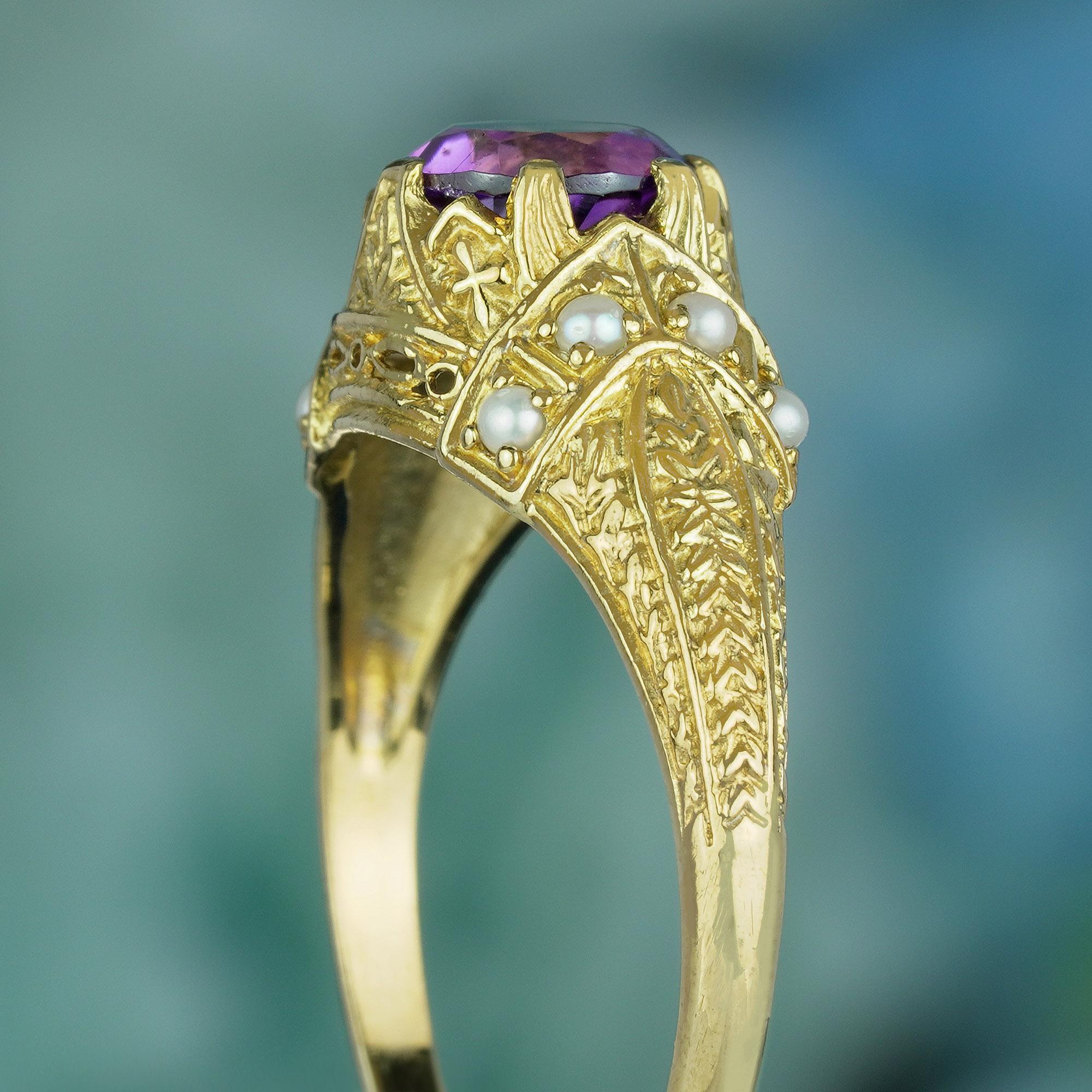 Women's Natural Amethyst and Pearl Vintage Style Carved Solitaire Ring in Solid 9K Gold For Sale
