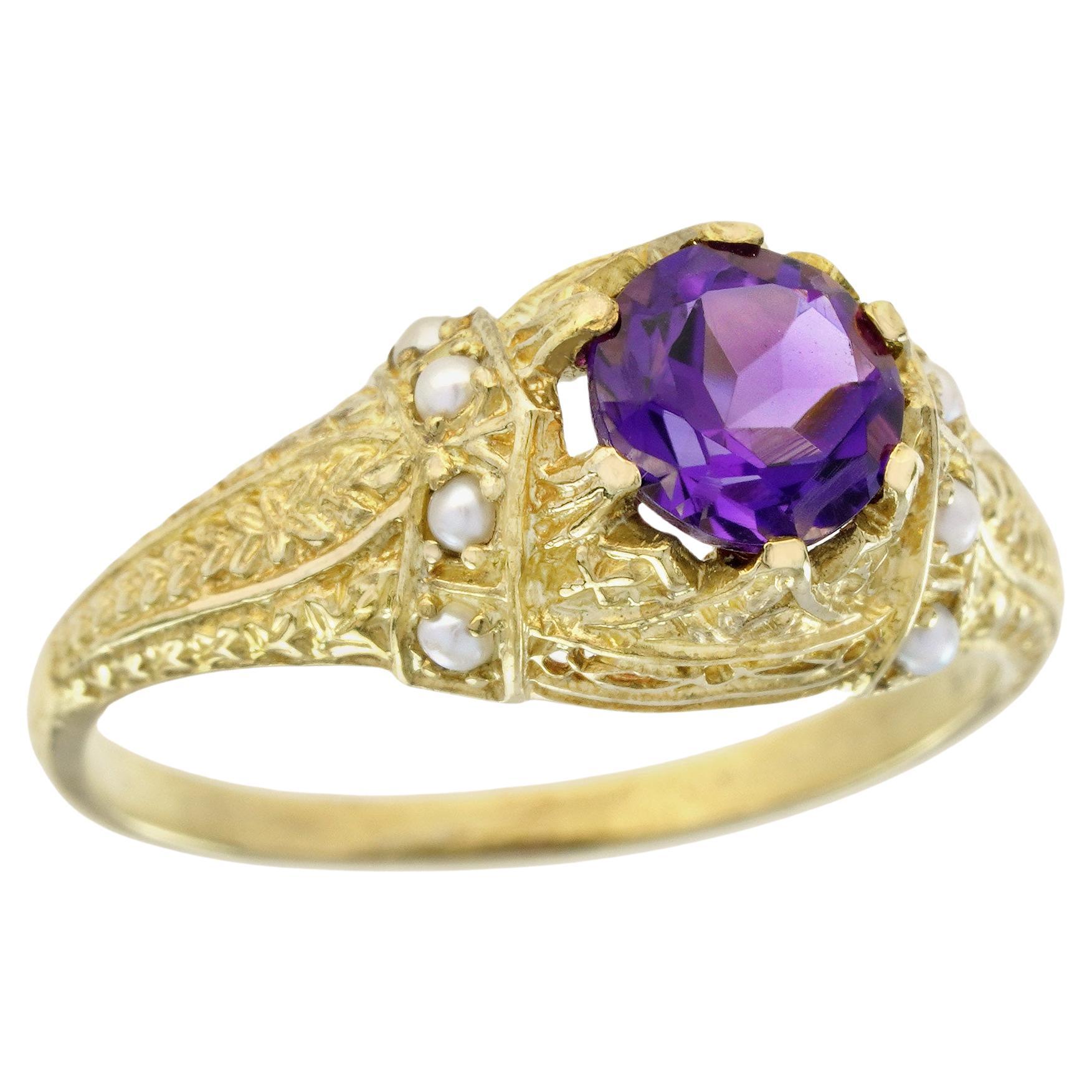 Natural Amethyst and Pearl Vintage Style Carved Solitaire Ring in Solid 9K Gold For Sale