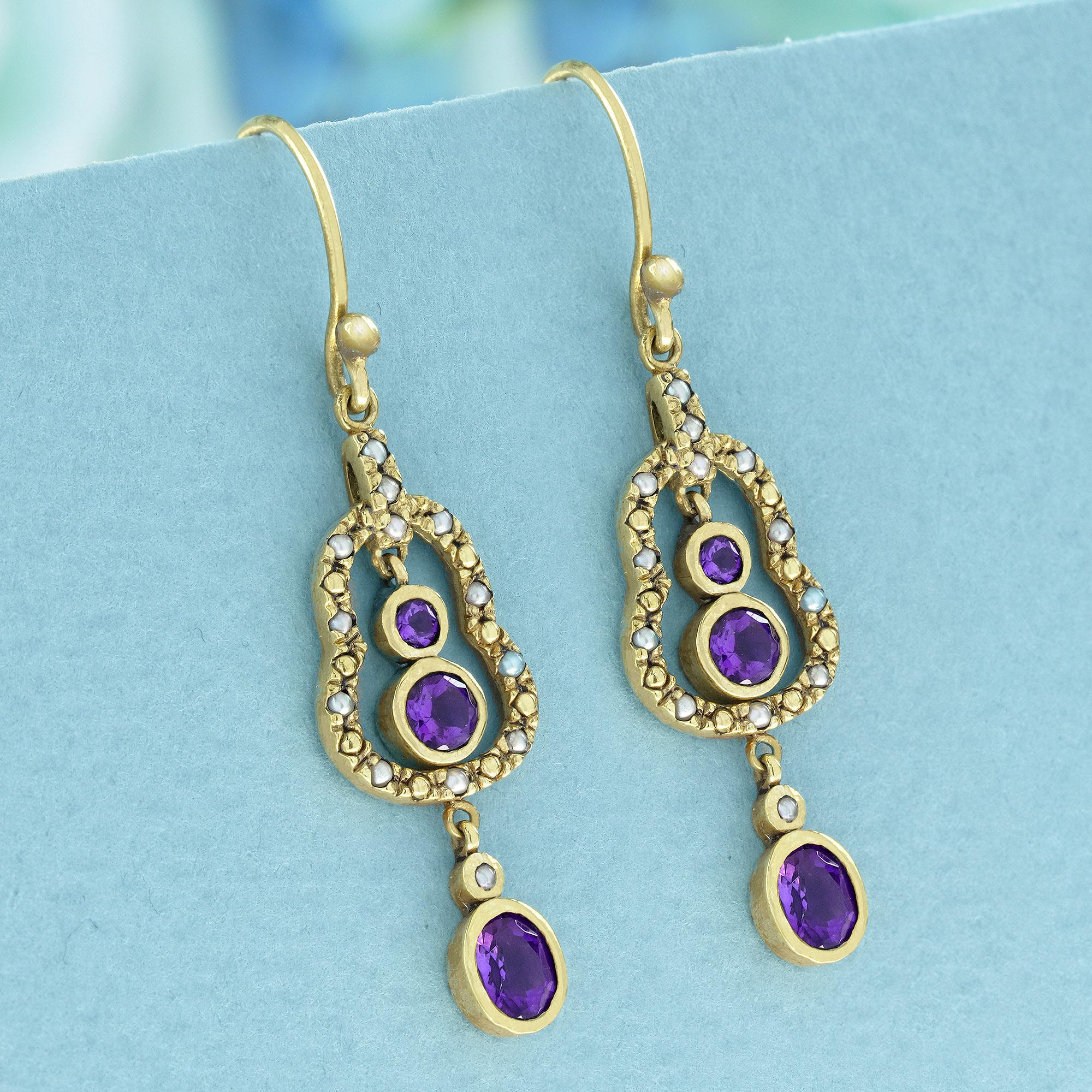 Edwardian Natural Amethyst and Pearl Vintage Style Dangle Earrings in Solid 9K Yellow Gold For Sale