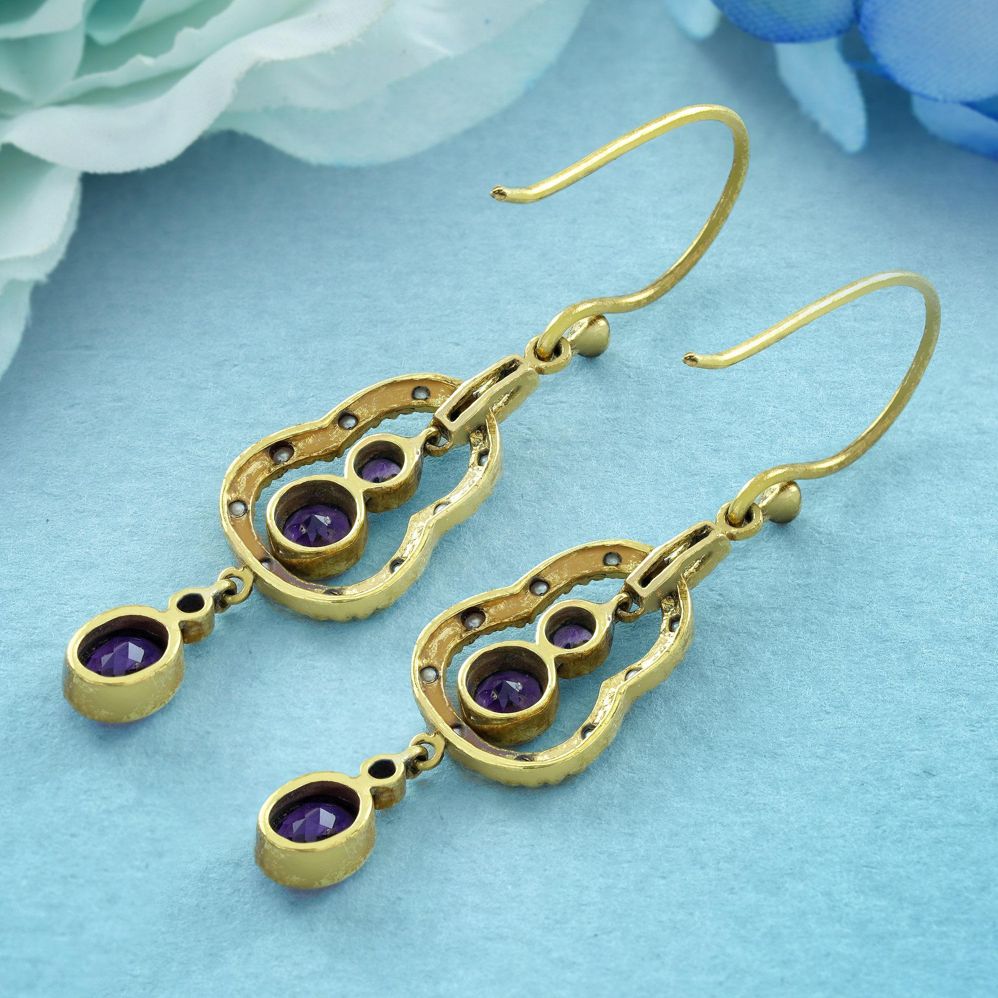 Round Cut Natural Amethyst and Pearl Vintage Style Dangle Earrings in Solid 9K Yellow Gold For Sale