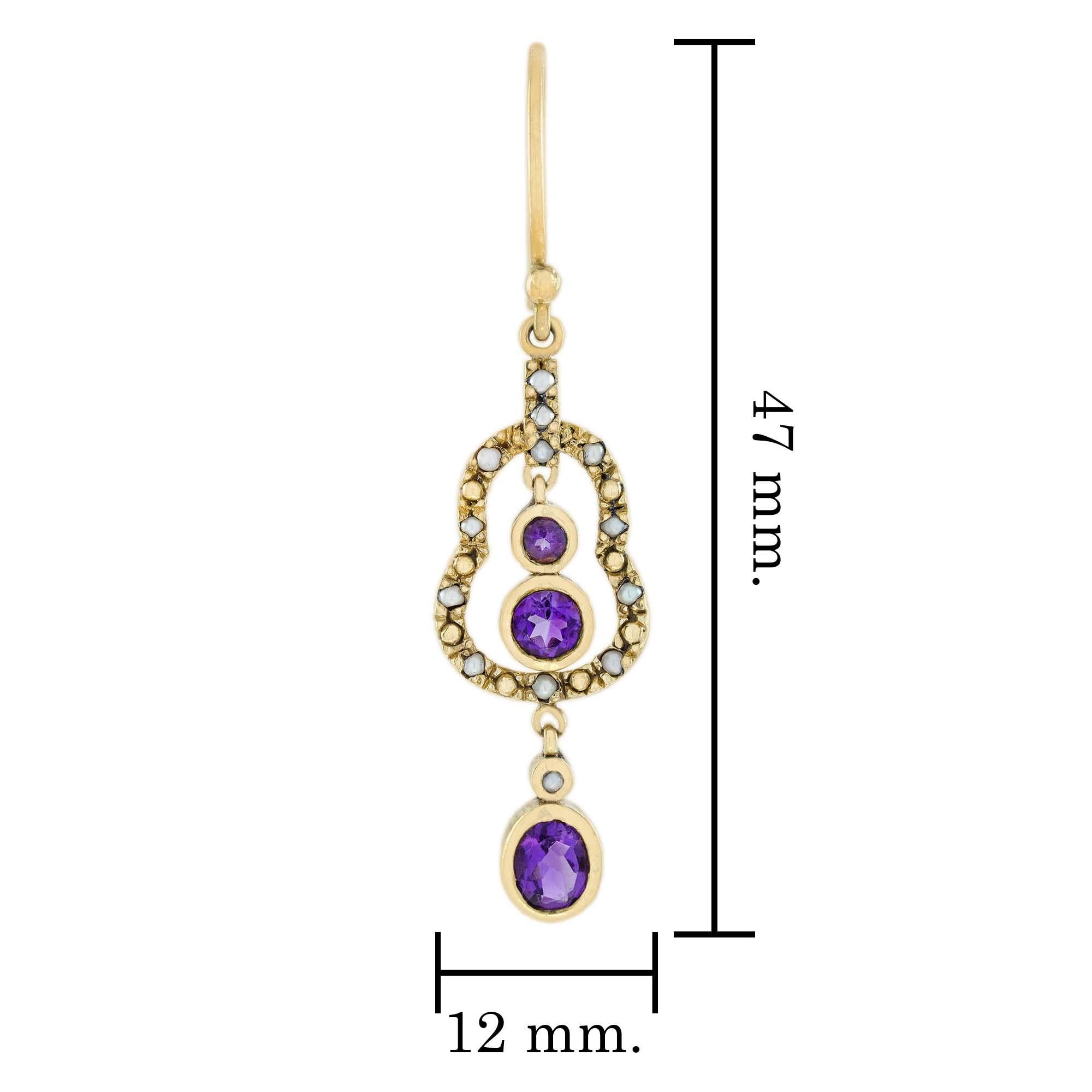 Natural Amethyst and Pearl Vintage Style Dangle Earrings in Solid 9K Yellow Gold In New Condition For Sale In Bangkok, TH