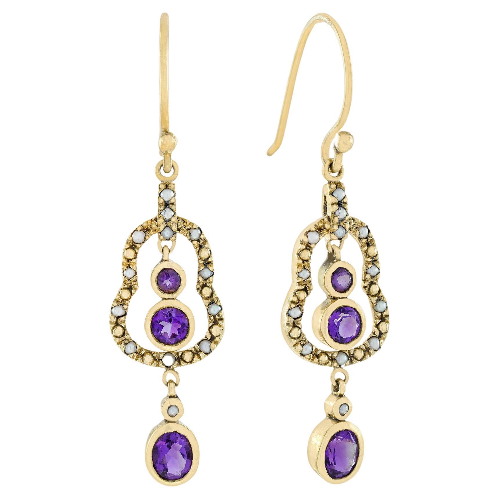 Natural Amethyst and Pearl Vintage Style Dangle Earrings in Solid 9K Yellow Gold For Sale