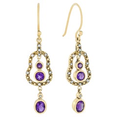 Natural Amethyst and Pearl Vintage Style Dangle Earrings in Solid 9K Yellow Gold