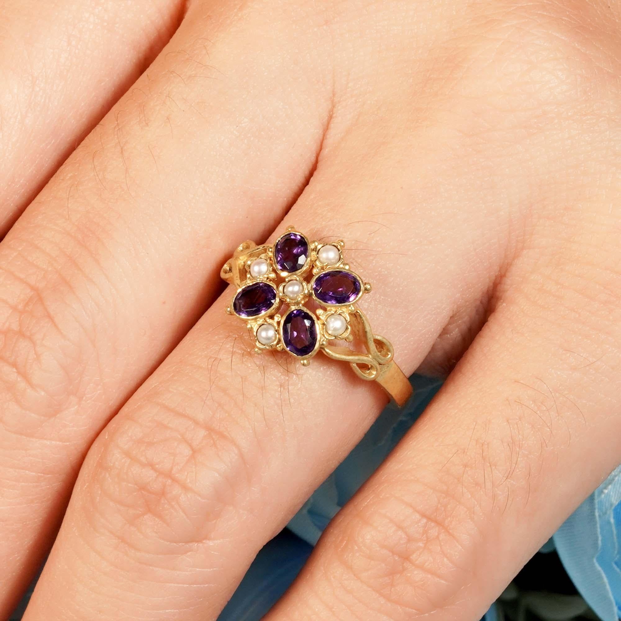 For Sale:  Natural Amethyst and Pearl Vintage Style Floral Cluster Ring in Solid 9K Gold 12