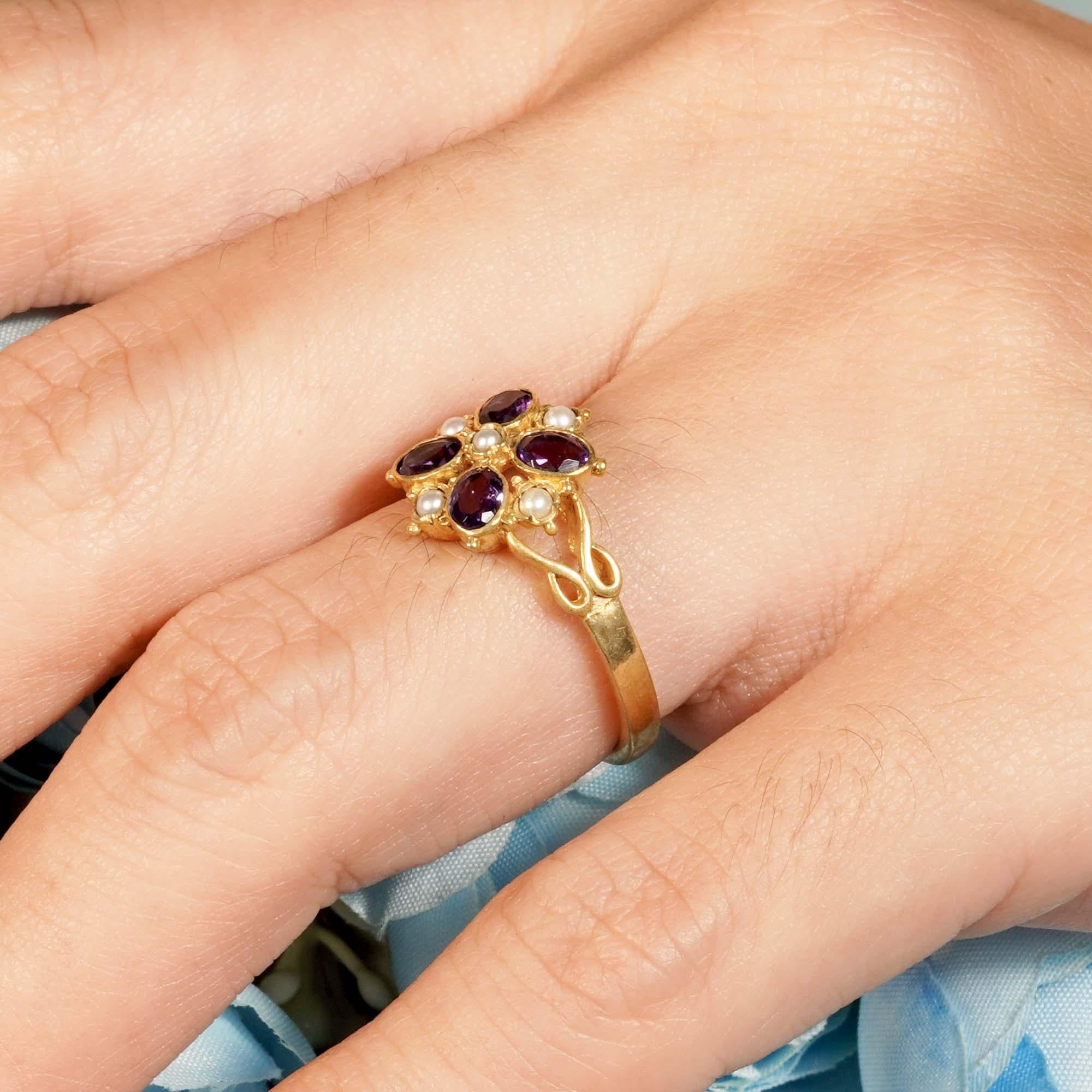 For Sale:  Natural Amethyst and Pearl Vintage Style Floral Cluster Ring in Solid 9K Gold 14