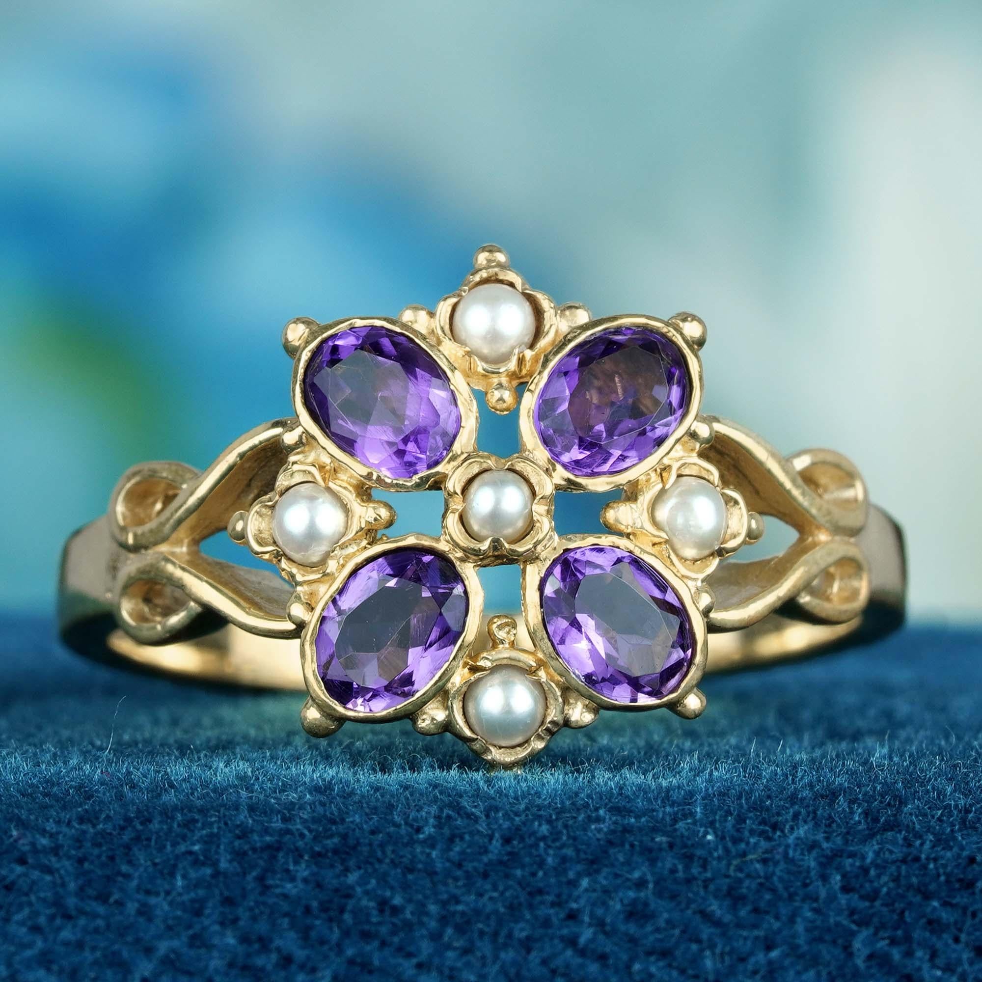 For Sale:  Natural Amethyst and Pearl Vintage Style Floral Cluster Ring in Solid 9K Gold 2