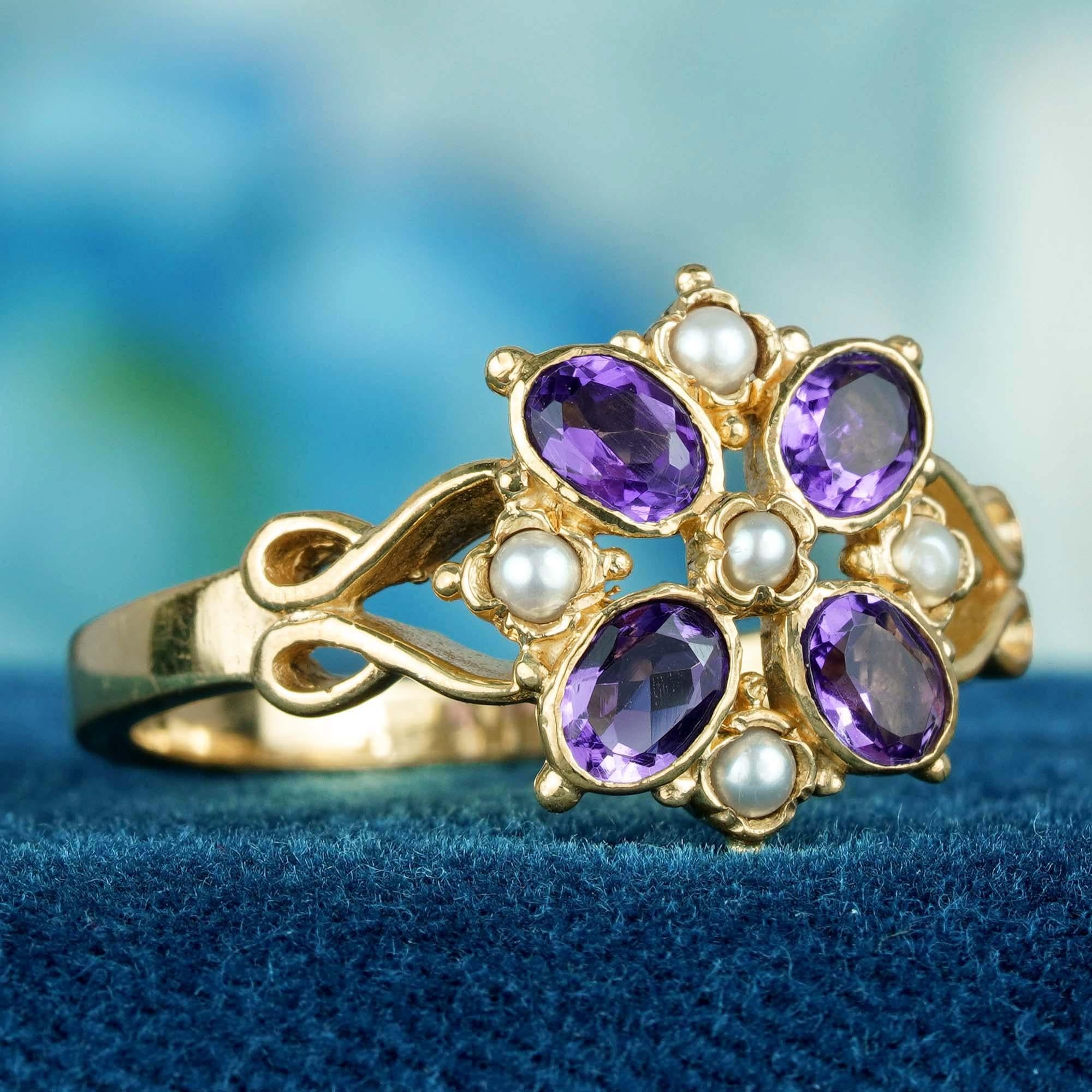 For Sale:  Natural Amethyst and Pearl Vintage Style Floral Cluster Ring in Solid 9K Gold 3