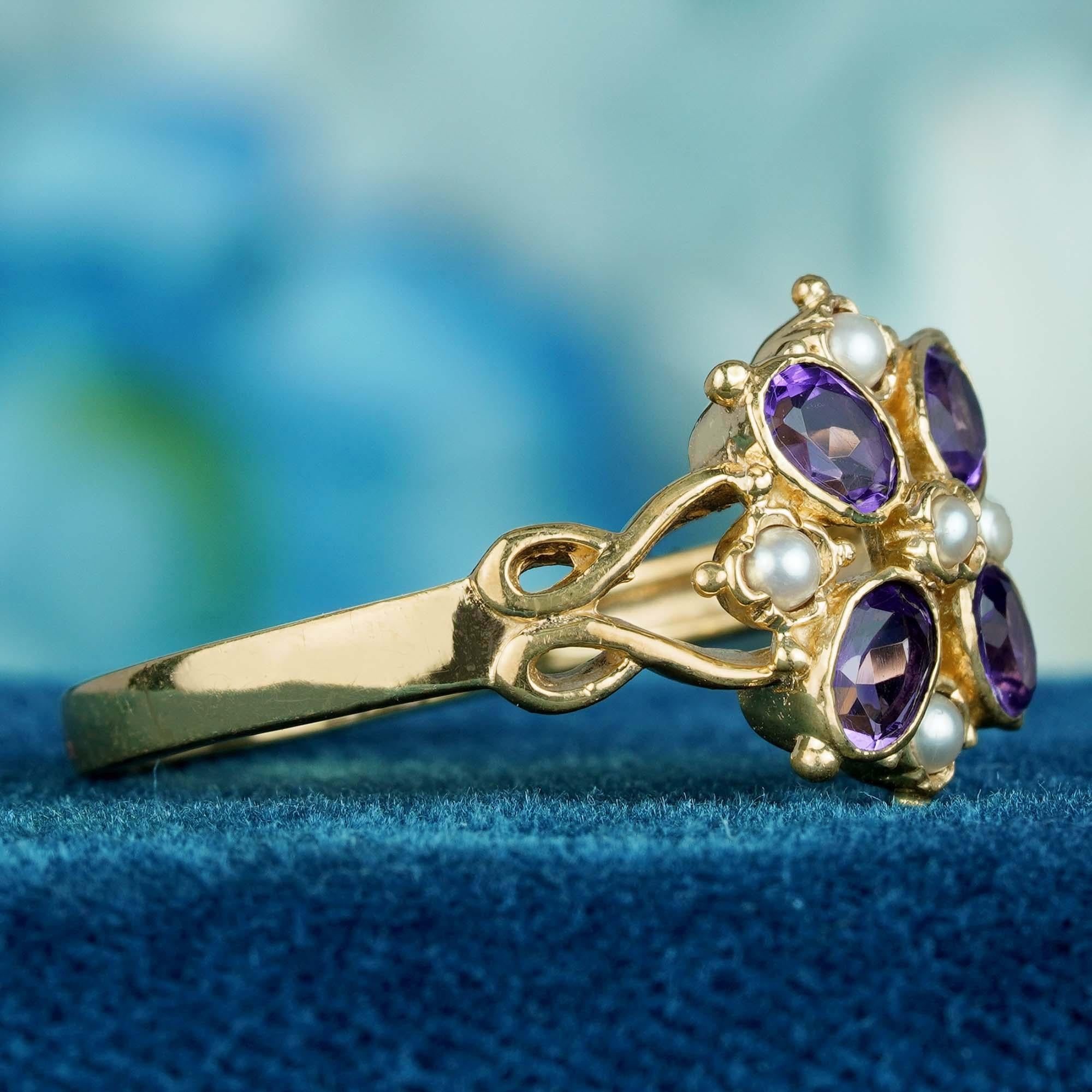 For Sale:  Natural Amethyst and Pearl Vintage Style Floral Cluster Ring in Solid 9K Gold 4
