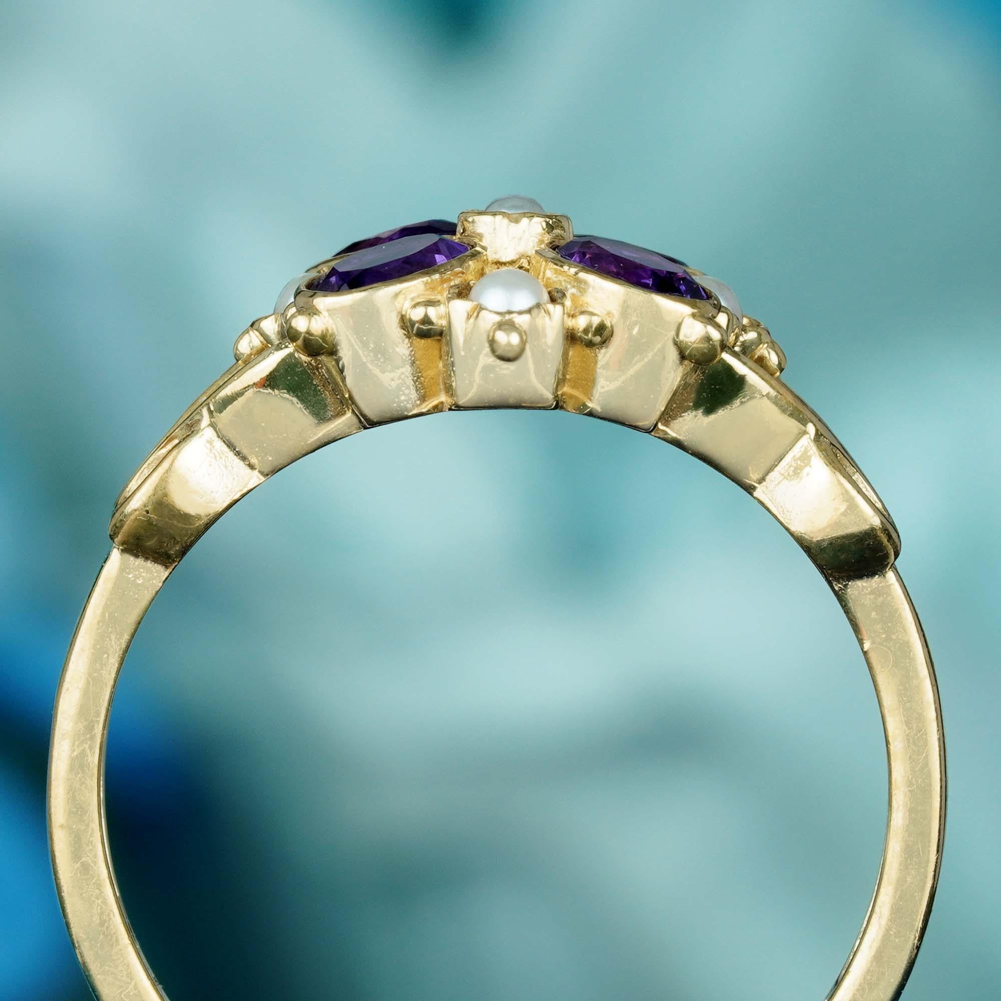 For Sale:  Natural Amethyst and Pearl Vintage Style Floral Cluster Ring in Solid 9K Gold 5