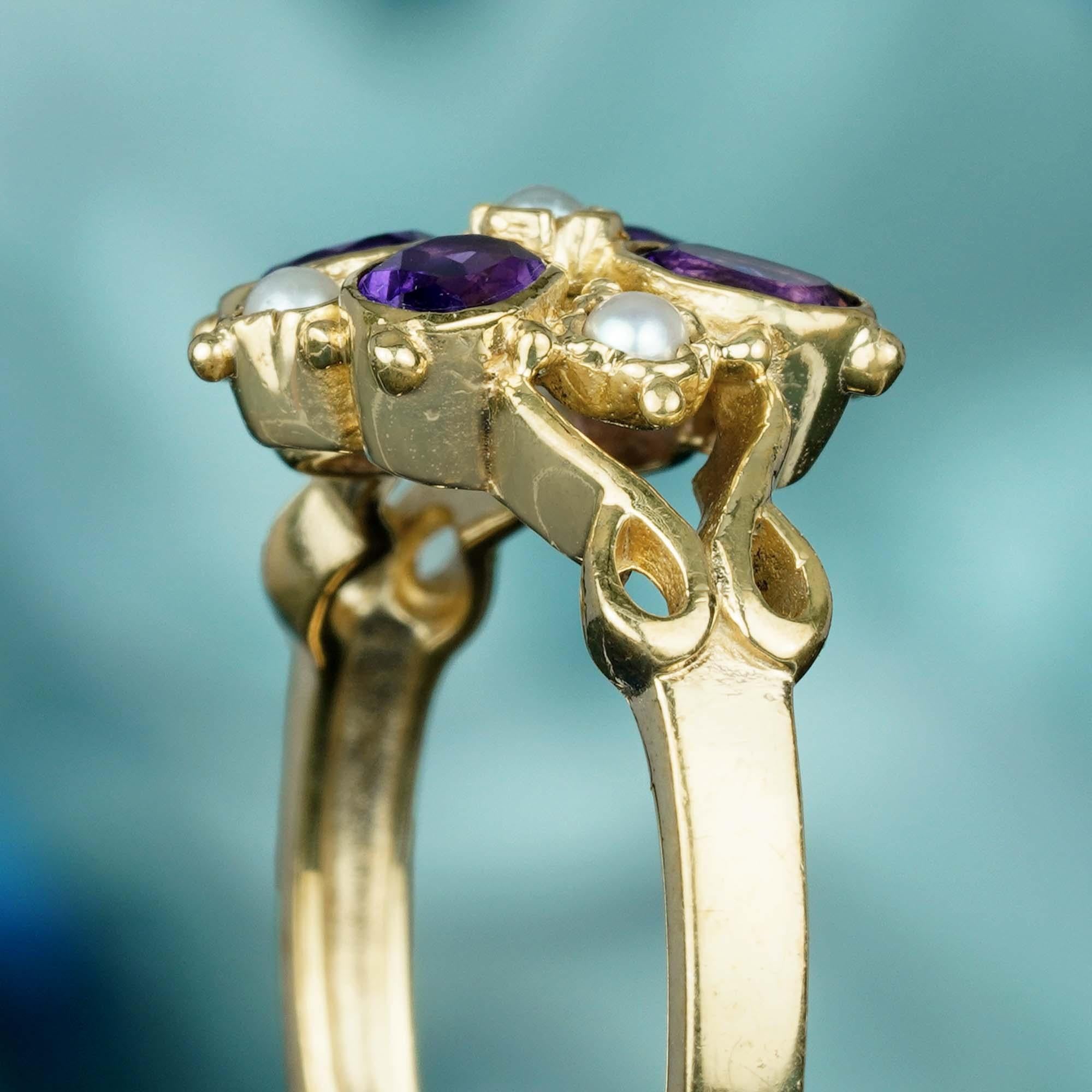 For Sale:  Natural Amethyst and Pearl Vintage Style Floral Cluster Ring in Solid 9K Gold 6
