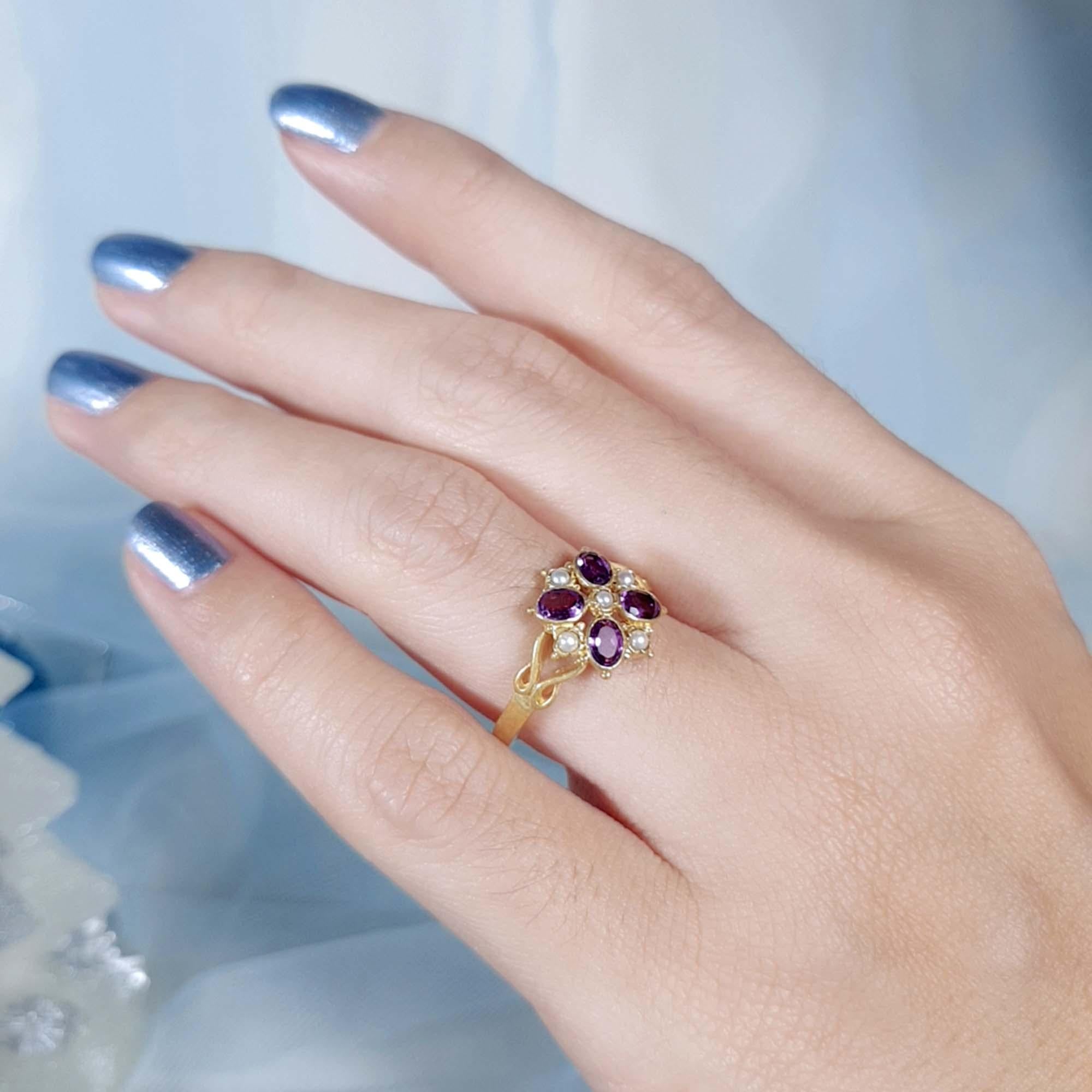 For Sale:  Natural Amethyst and Pearl Vintage Style Floral Cluster Ring in Solid 9K Gold 8