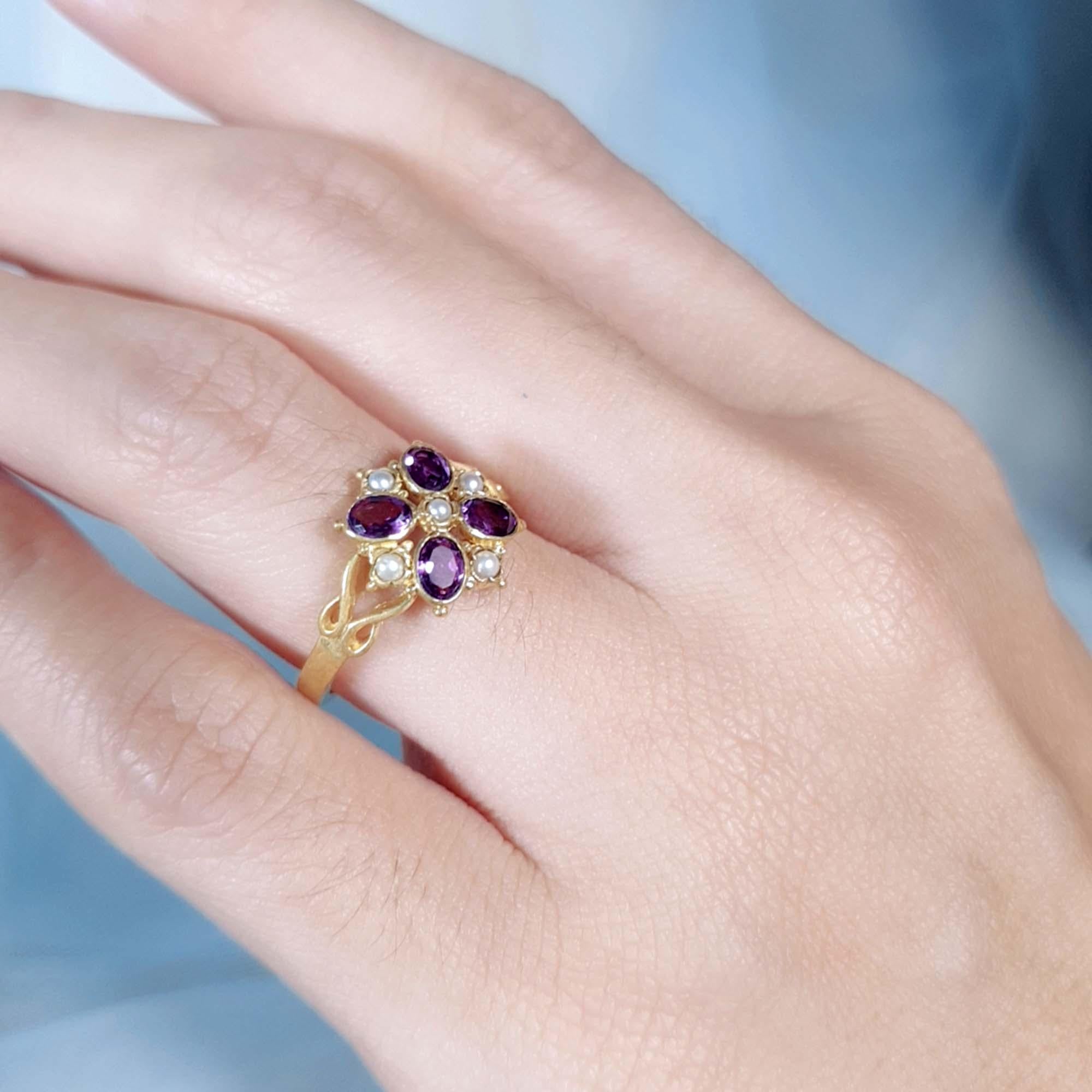 For Sale:  Natural Amethyst and Pearl Vintage Style Floral Cluster Ring in Solid 9K Gold 9