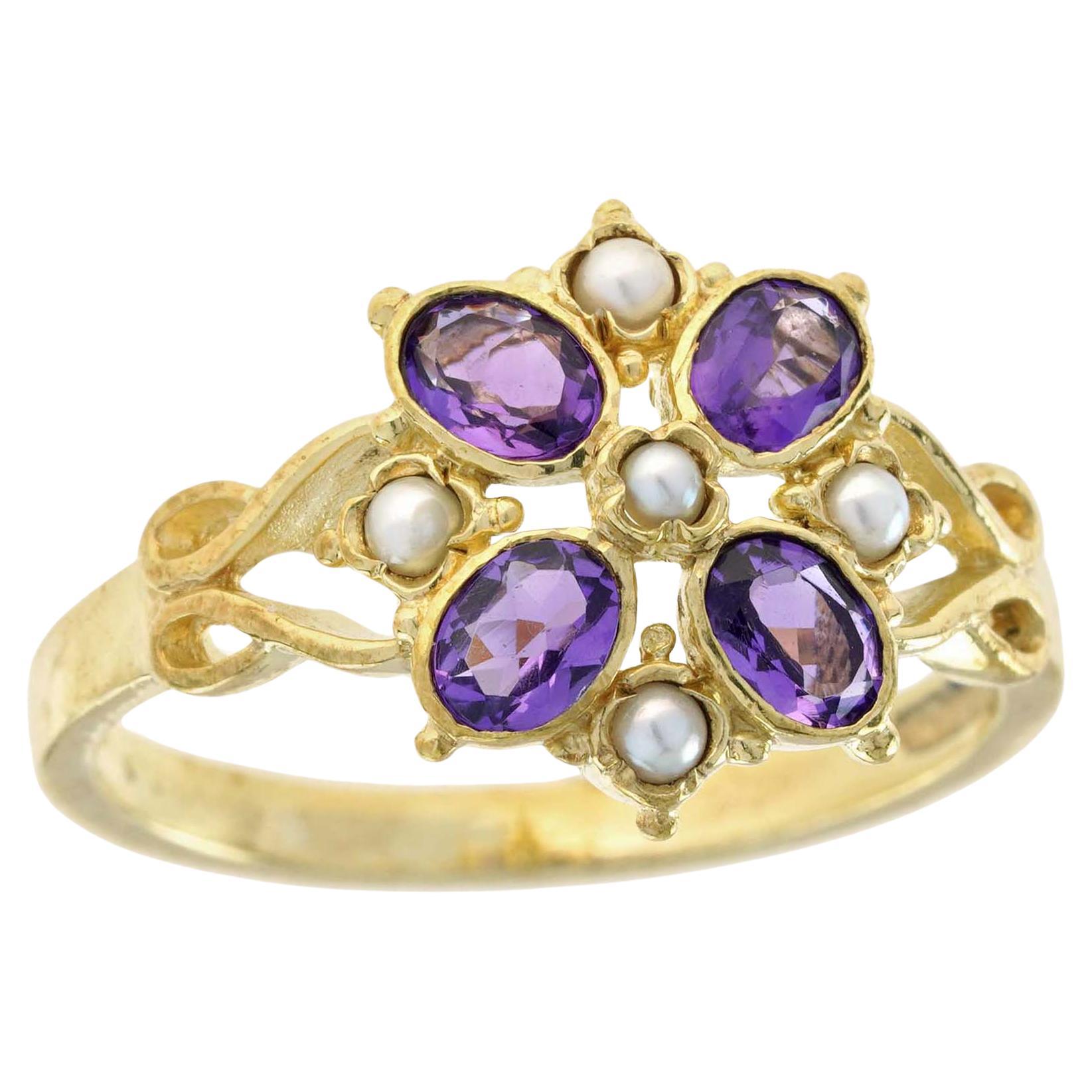 Blumen-Cluster-Ring aus massivem 9 Karat Gold mit natürlichem Amethyst und Perle im Vintage-Stil