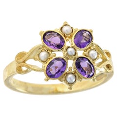 Blumen-Cluster-Ring aus massivem 9 Karat Gold mit natürlichem Amethyst und Perle im Vintage-Stil