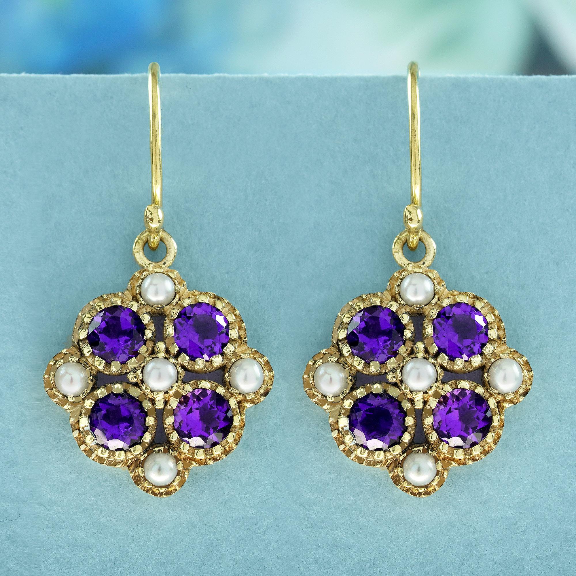  Crafted from yellow gold in a migraine work, this elegant vintage-style floral earrings are embellished with four exquisite round purple amethysts, each resembling delicate petals. Nestled between each amethyst are smaller white pearls, adding a