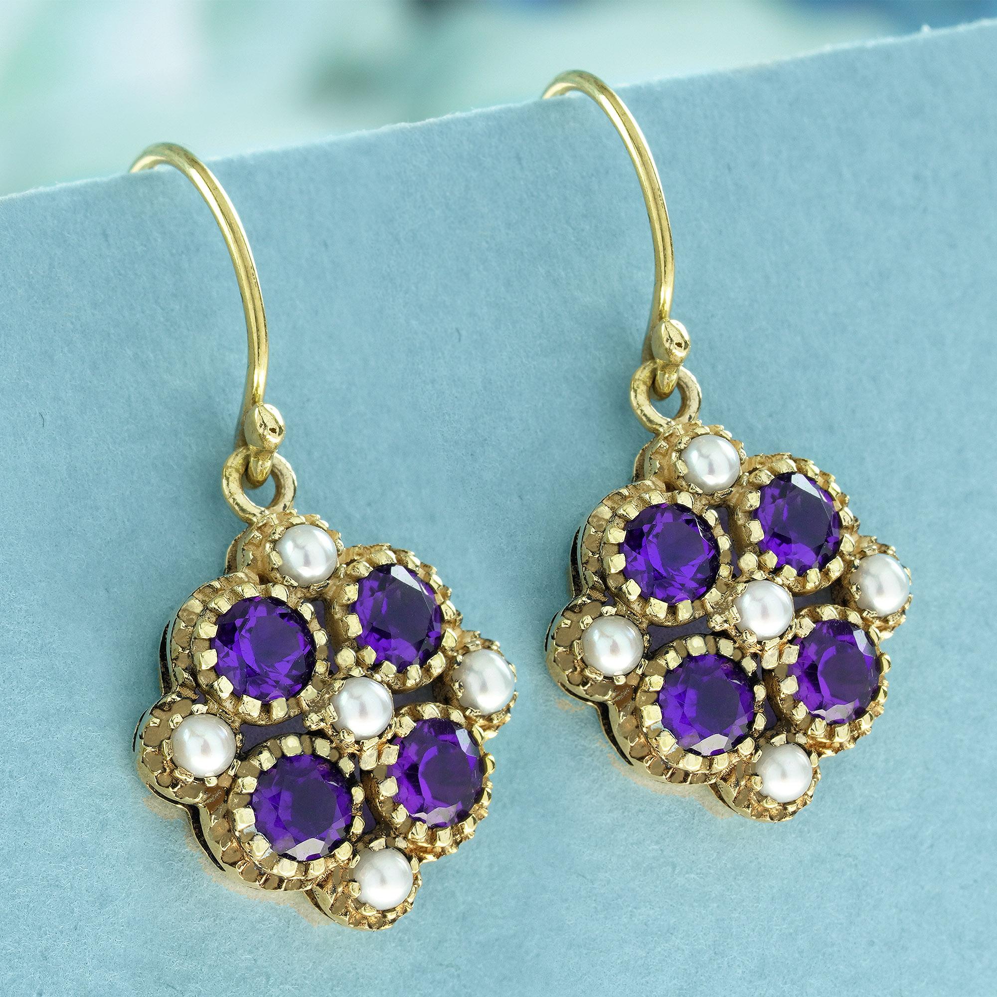Edwardian Natural Amethyst and Pearl Vintage Style Floral Earrings in Solid 9K Yellow Gold For Sale