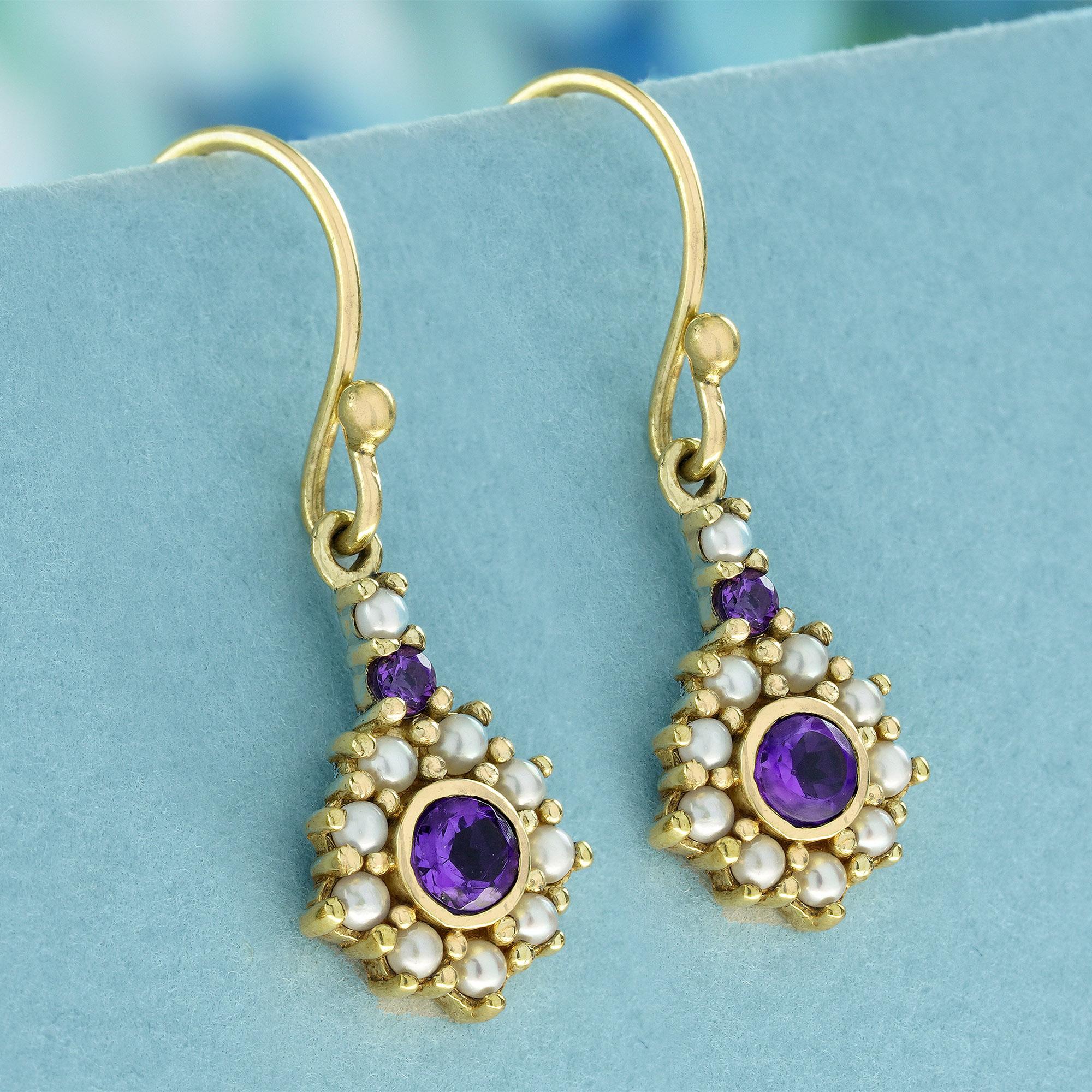 Edwardian Natural Amethyst and Pearl Vintage Style Floral Earrings in Solid 9K Yellow Gold For Sale