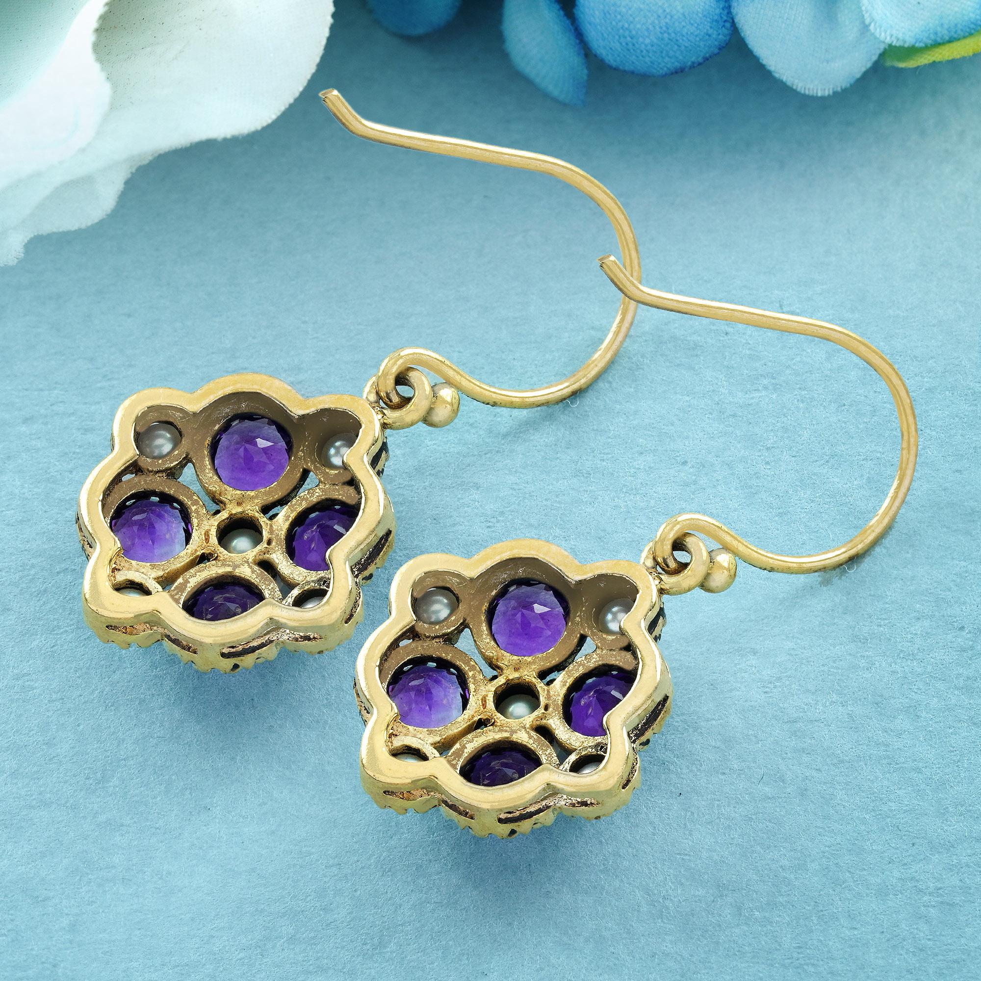 Round Cut Natural Amethyst and Pearl Vintage Style Floral Earrings in Solid 9K Yellow Gold For Sale