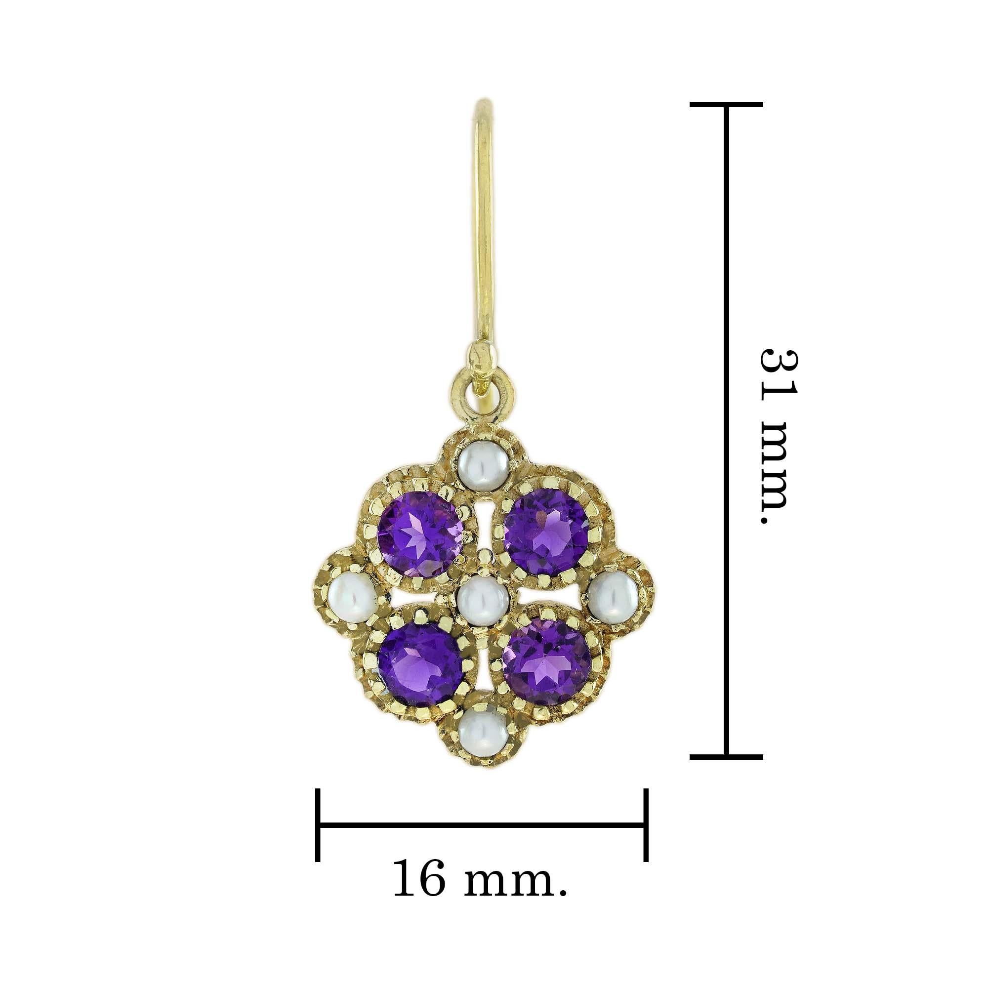 Natural Amethyst and Pearl Vintage Style Floral Earrings in Solid 9K Yellow Gold In New Condition For Sale In Bangkok, TH