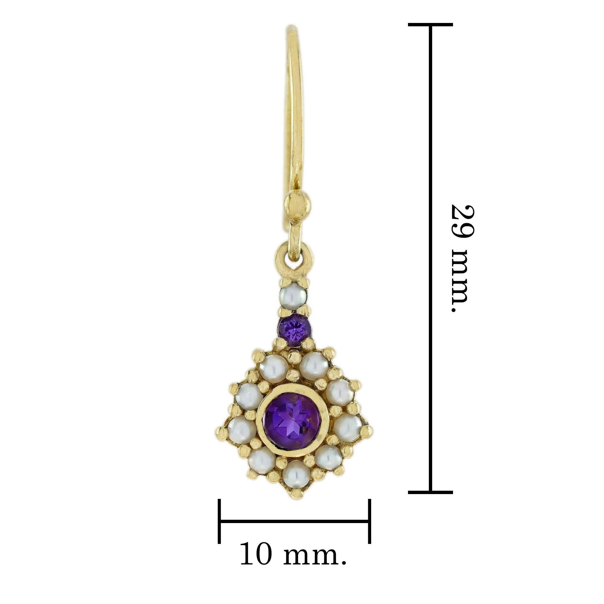 Natural Amethyst and Pearl Vintage Style Floral Earrings in Solid 9K Yellow Gold In New Condition For Sale In Bangkok, TH