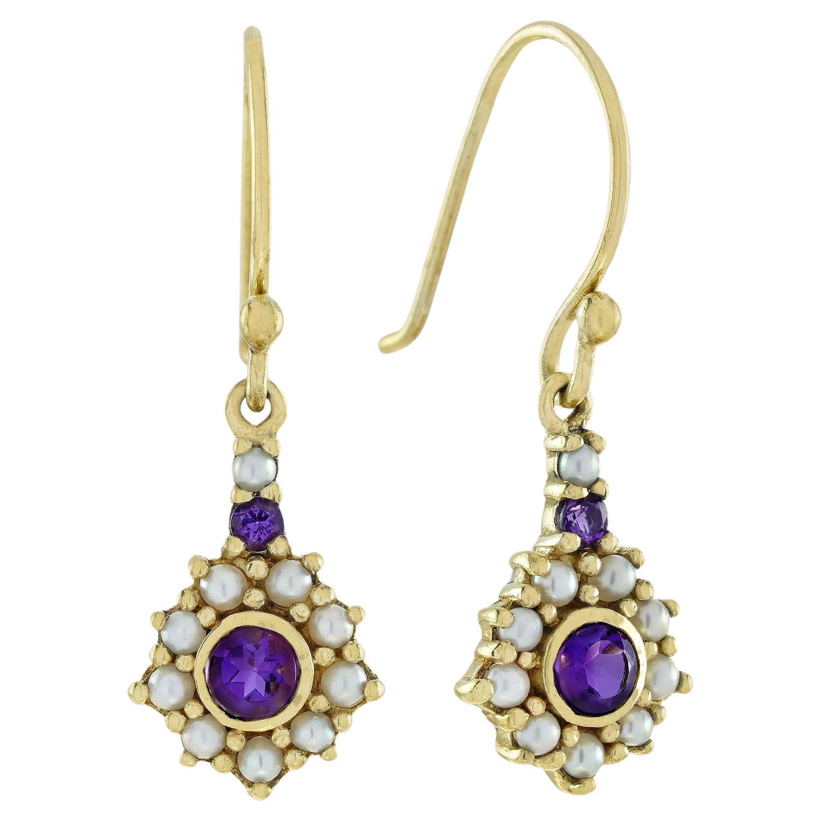 Natural Amethyst and Pearl Vintage Style Floral Earrings in Solid 9K Yellow Gold For Sale