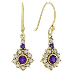 Natural Amethyst and Pearl Vintage Style Floral Earrings in Solid 9K Yellow Gold