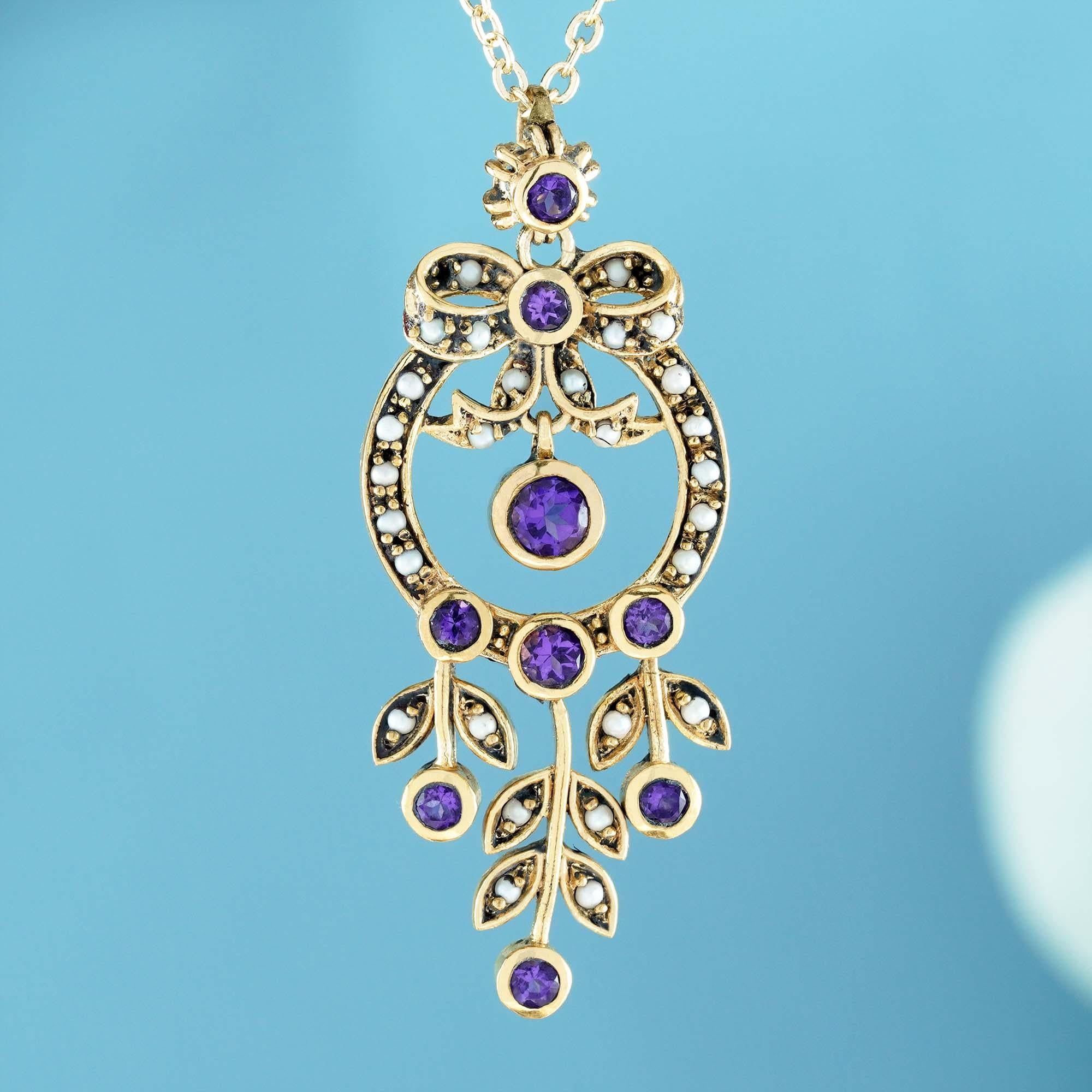 This vintage-style delicate pendant made of purple amethyst and white pearls, The amethysts and pearls are set in a delicate floral ribbon design, with gold leaves and vines accenting the piece. The small round flower features a central cluster of