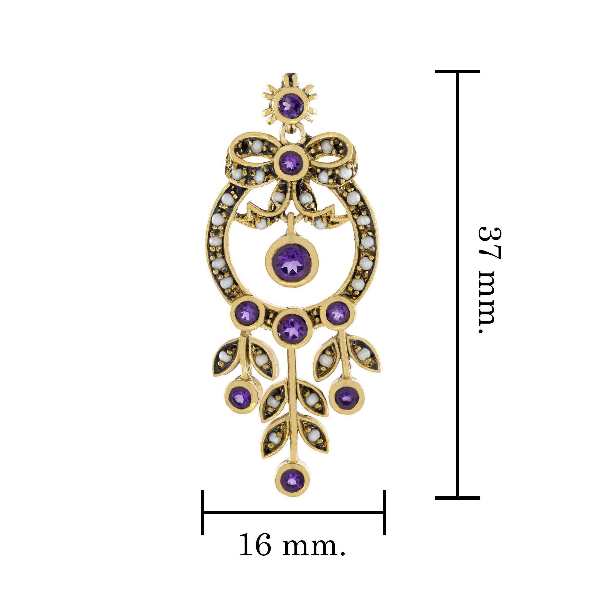 Natural Amethyst and Pearl Vintage Style Floral Ribbon Pendant in Solid 9K Gold In New Condition For Sale In Bangkok, TH