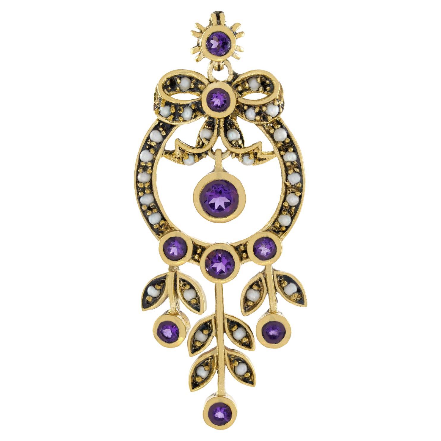 Natural Amethyst and Pearl Vintage Style Floral Ribbon Pendant in Solid 9K Gold