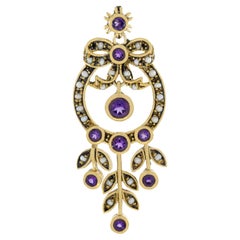 Vintage-Anhänger aus massivem 9 Karat Gold mit natürlichem Amethyst und Perle im Vintage-Stil mit Blumenband-Anhänger