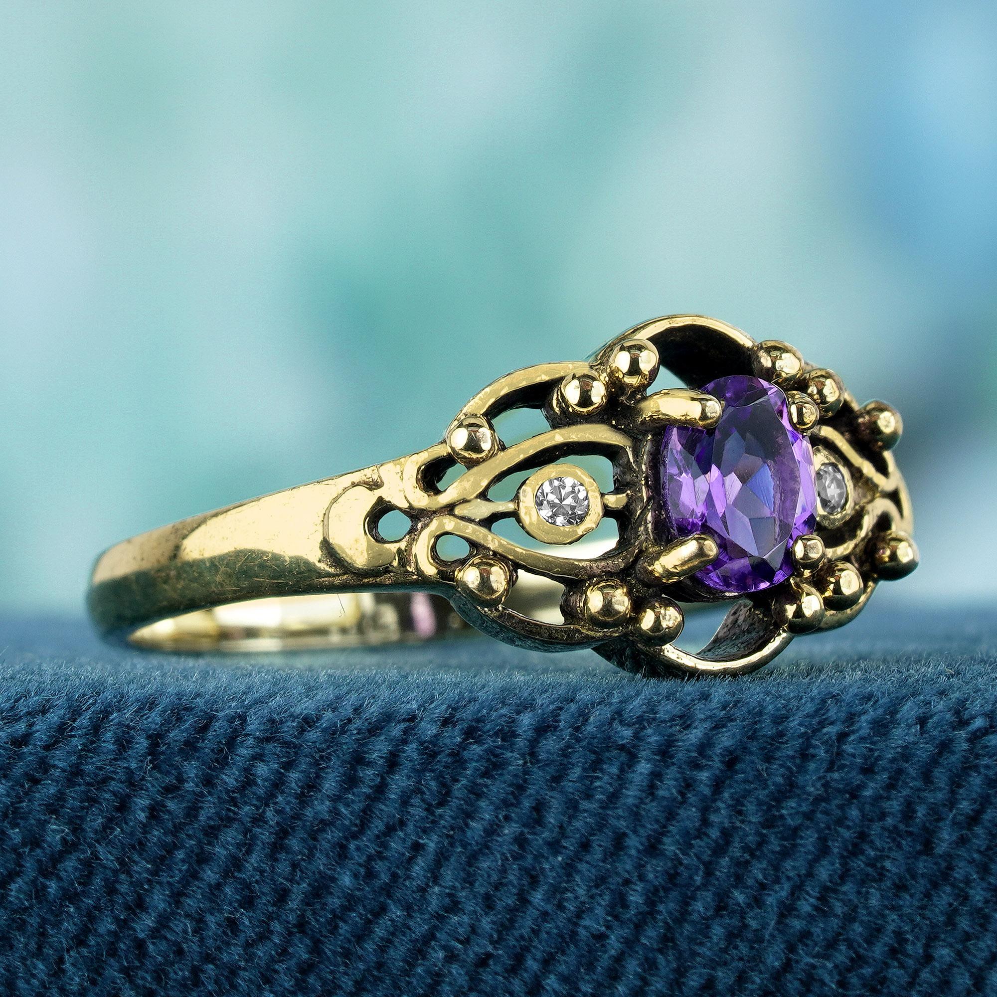 Edwardian Natural Amethyst and Pearl Vintage Style Ring in Solid 9K Yellow Gold For Sale