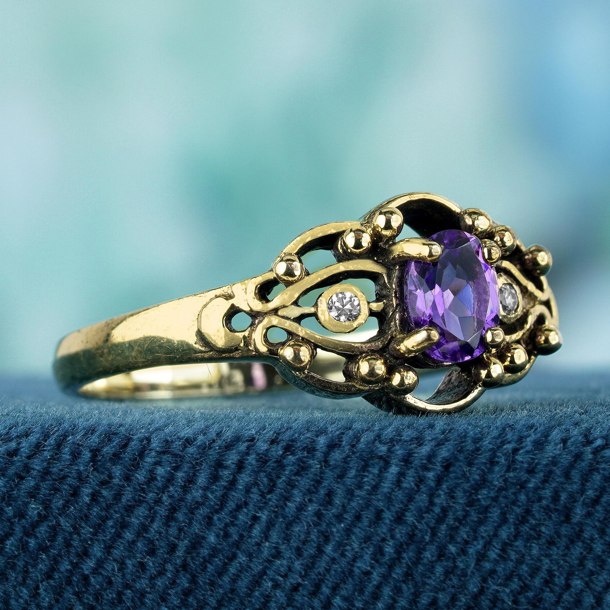 Natürlicher Amethyst und Perle Vintage Style Ring in massivem 9K Gelbgold (Edwardian) im Angebot