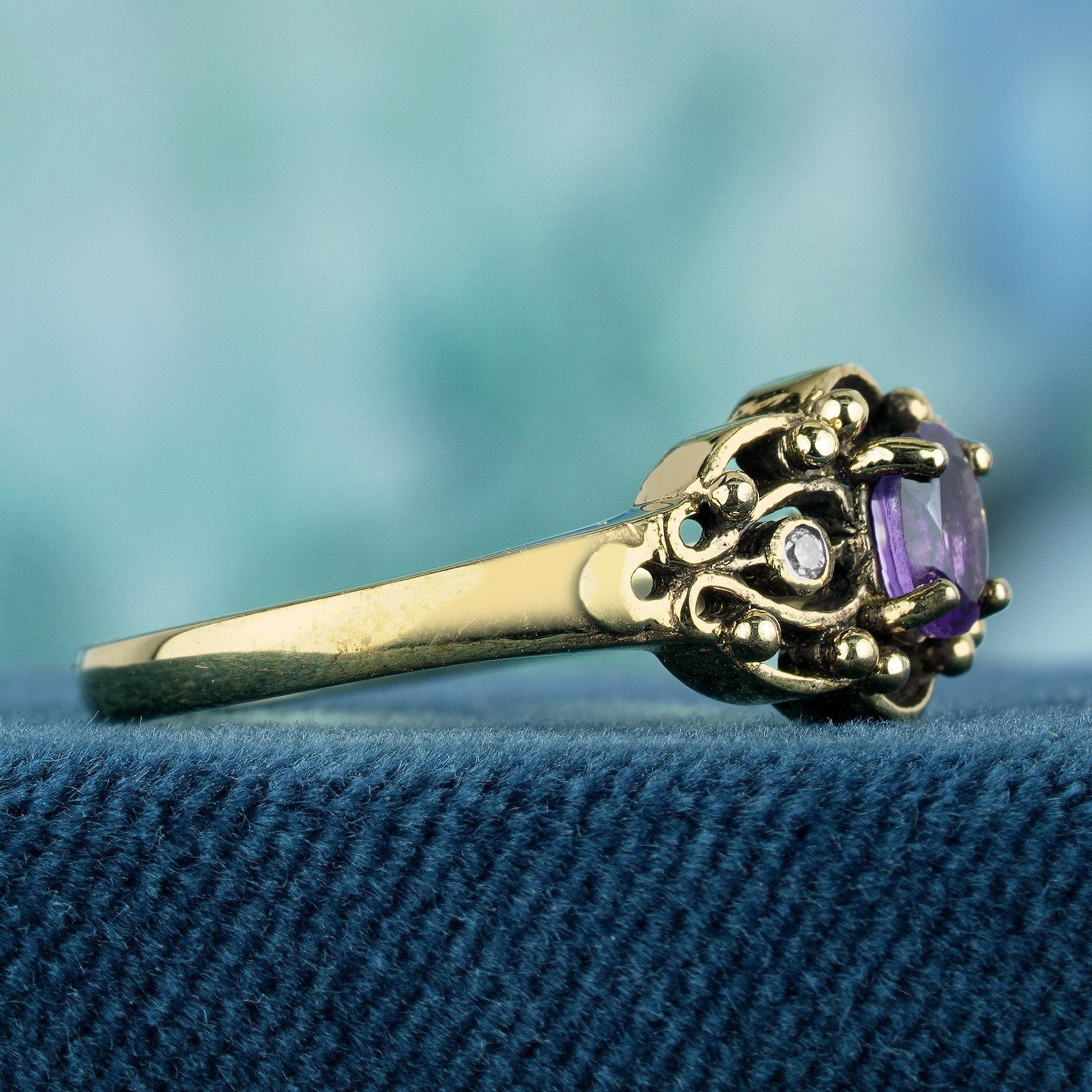Oval Cut Natural Amethyst and Pearl Vintage Style Ring in Solid 9K Yellow Gold For Sale