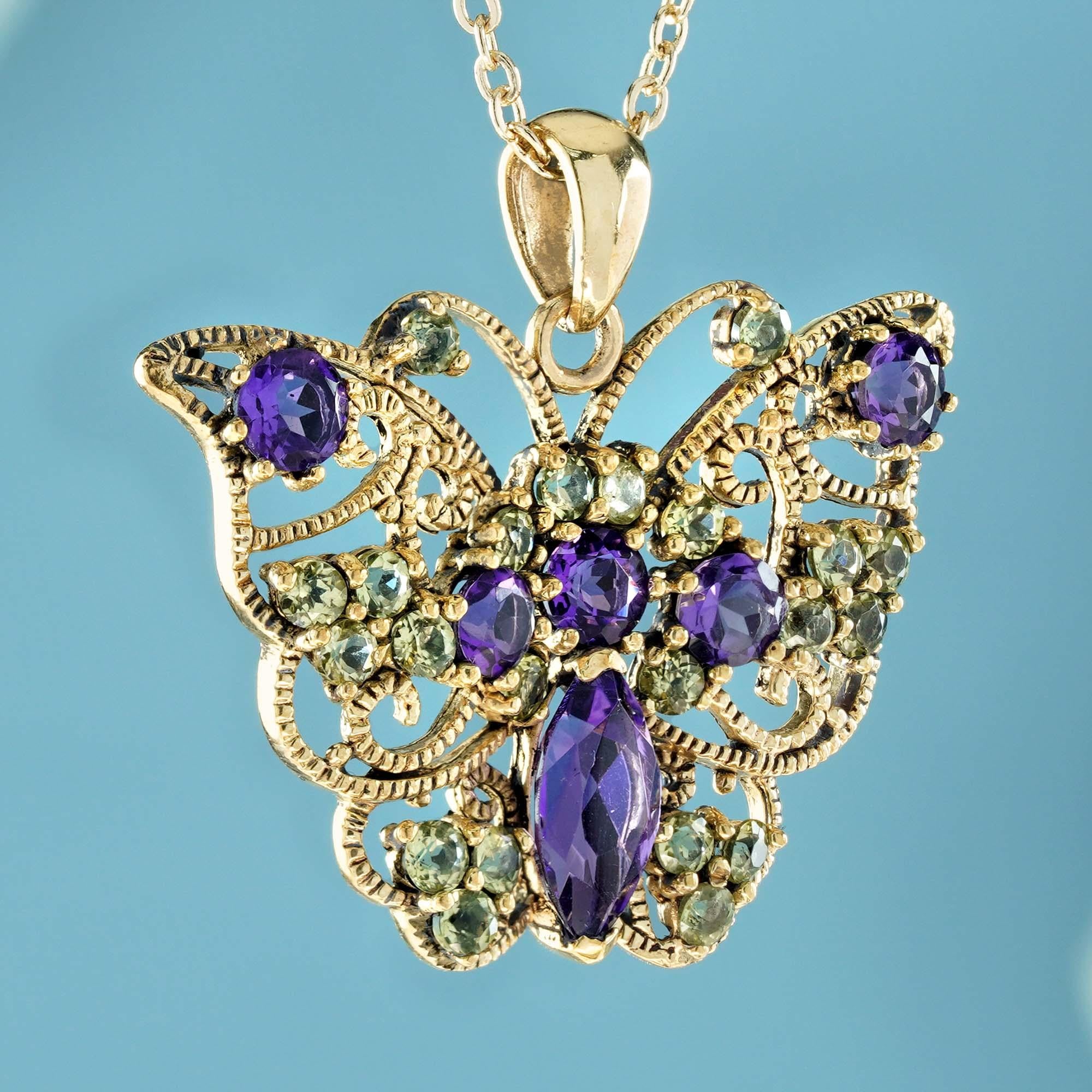 Edwardian Natural Amethyst and Peridot Vintage Style Butterfly Pendant in Solid 9K Gold For Sale