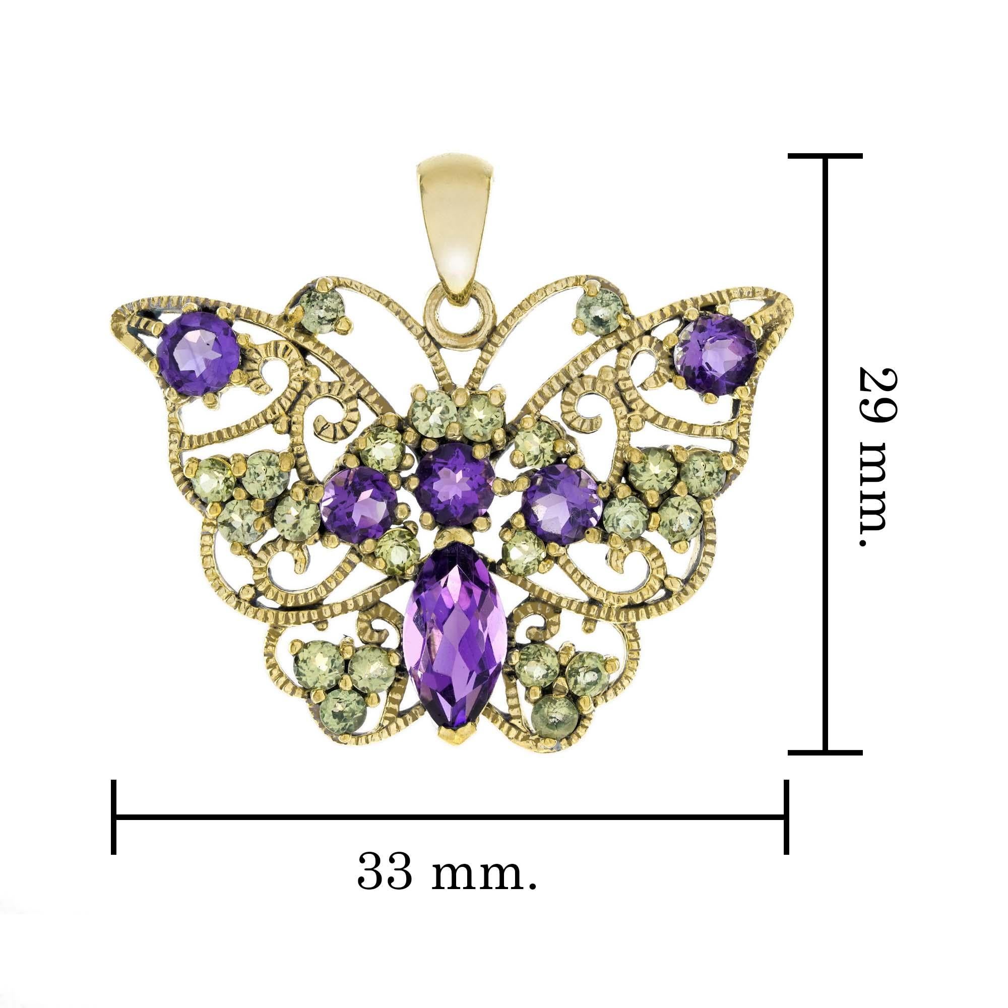 Natural Amethyst and Peridot Vintage Style Butterfly Pendant in Solid 9K Gold In New Condition For Sale In Bangkok, TH