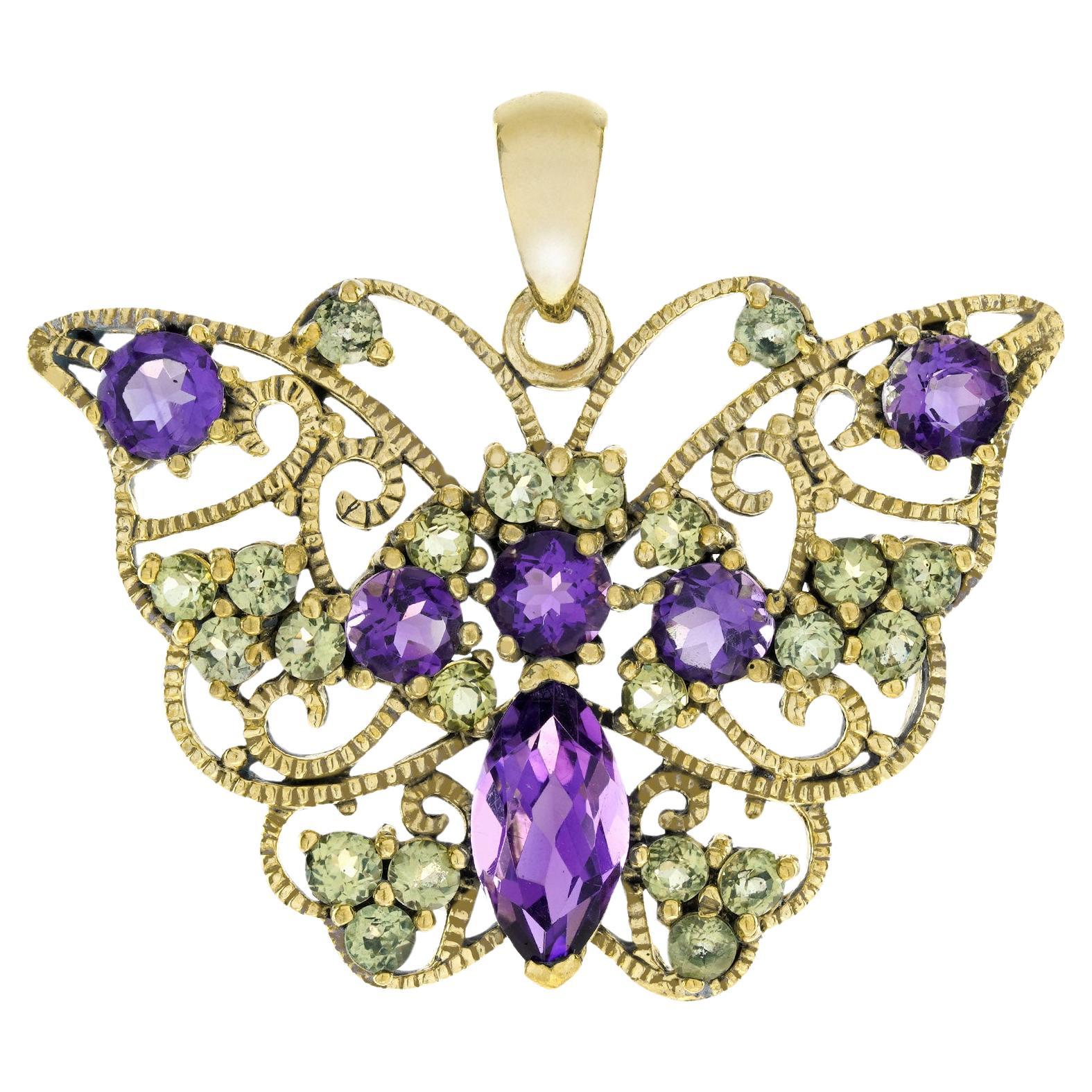 Natural Amethyst and Peridot Vintage Style Butterfly Pendant in Solid 9K Gold For Sale