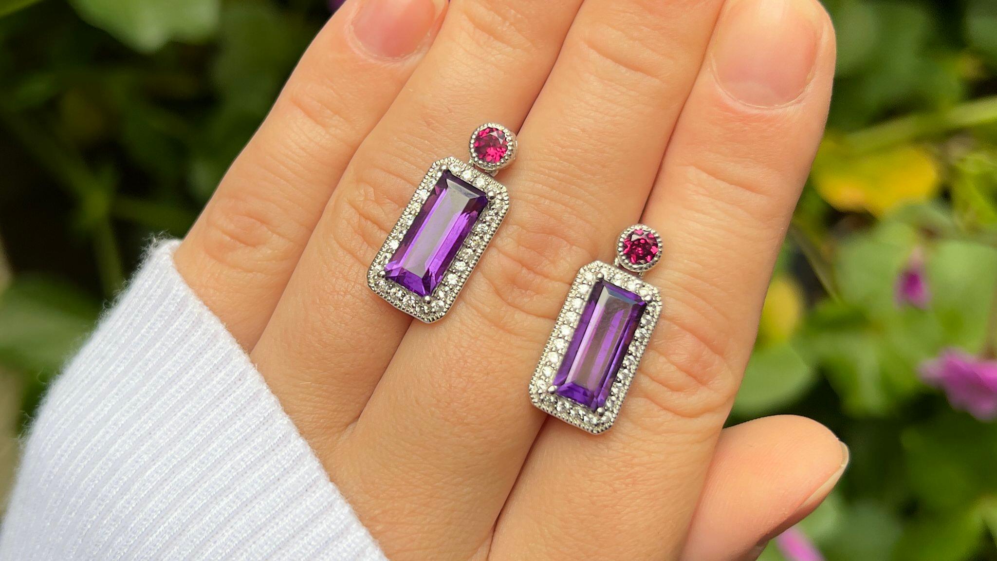 Art Deco Natural Amethyst and Rhodolite Dangle Earrings 7 Carats Sterling Silver For Sale