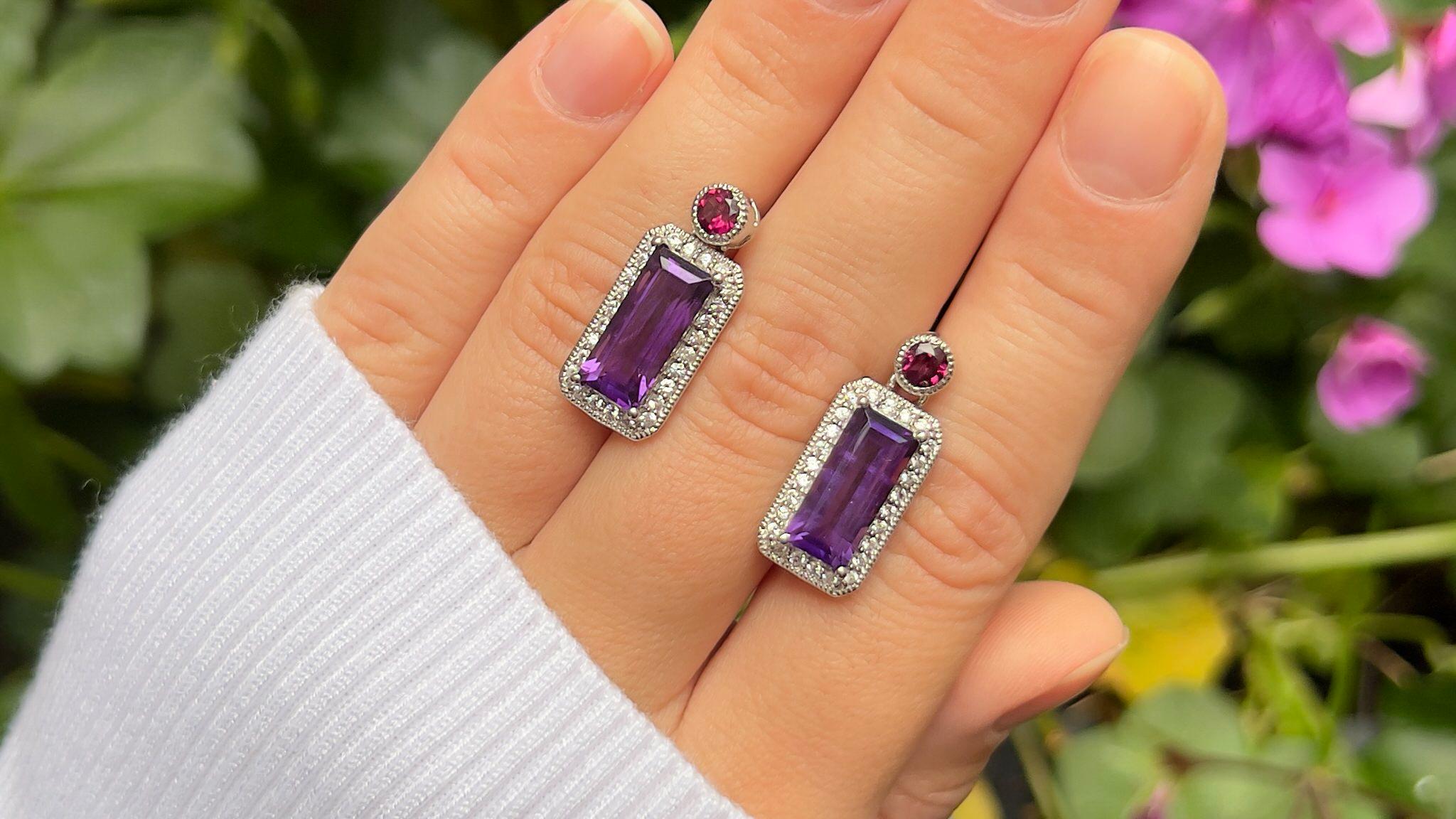 Emerald Cut Natural Amethyst and Rhodolite Dangle Earrings 7 Carats Sterling Silver For Sale