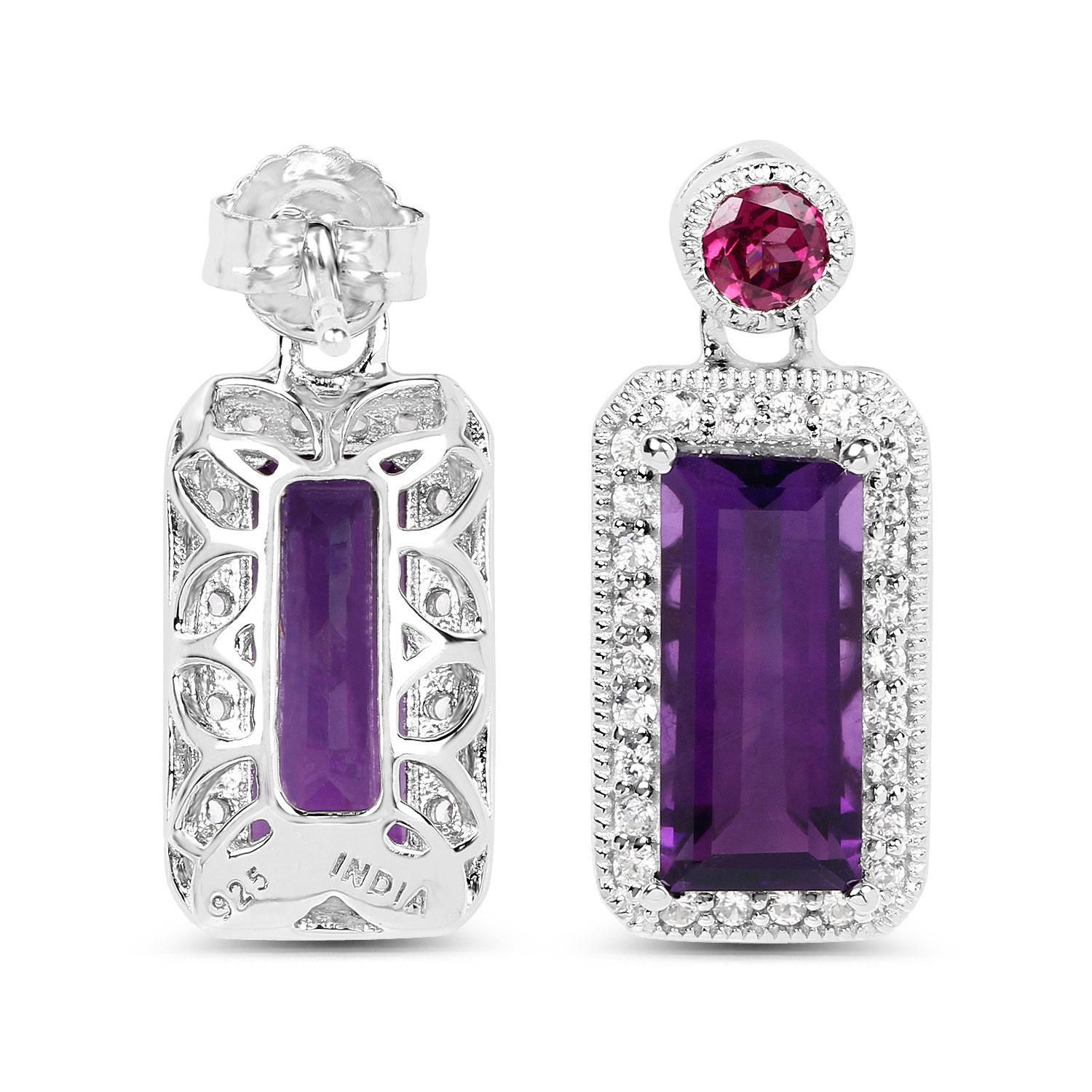 Natural Amethyst and Rhodolite Dangle Earrings 7 Carats Sterling Silver In Excellent Condition For Sale In Laguna Niguel, CA