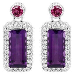 Natural Amethyst and Rhodolite Dangle Earrings 7 Carats Sterling Silver