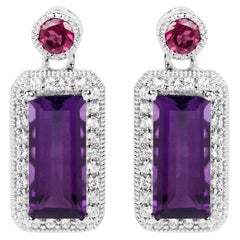 Natural Amethyst and Rhodolite Dangle Earrings 7 Carats Sterling Silver