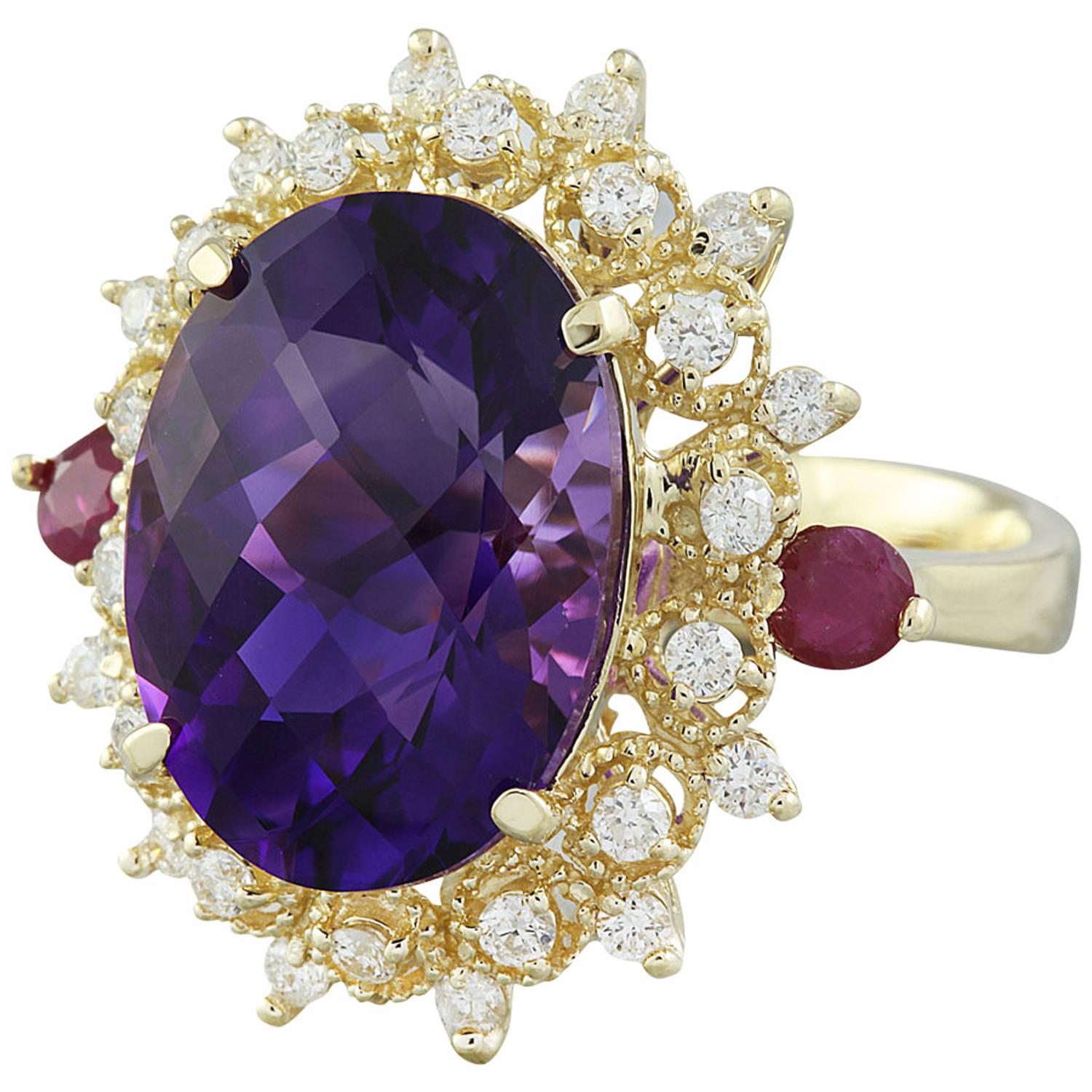 8.60 Carat Natural Amethyst and Ruby 14 Karat Solid Yellow Gold Diamond Ring
Stamped: 14K 
Total Ring Weight: 6.8 Grams 
Amethyst Weight: 8.00 Carat (15.00x11.00 Millimeters)
Ruby Weight: 0.10 Carat (3.00x3.00 Millimeters)
Diamond Weight: 0.50 carat