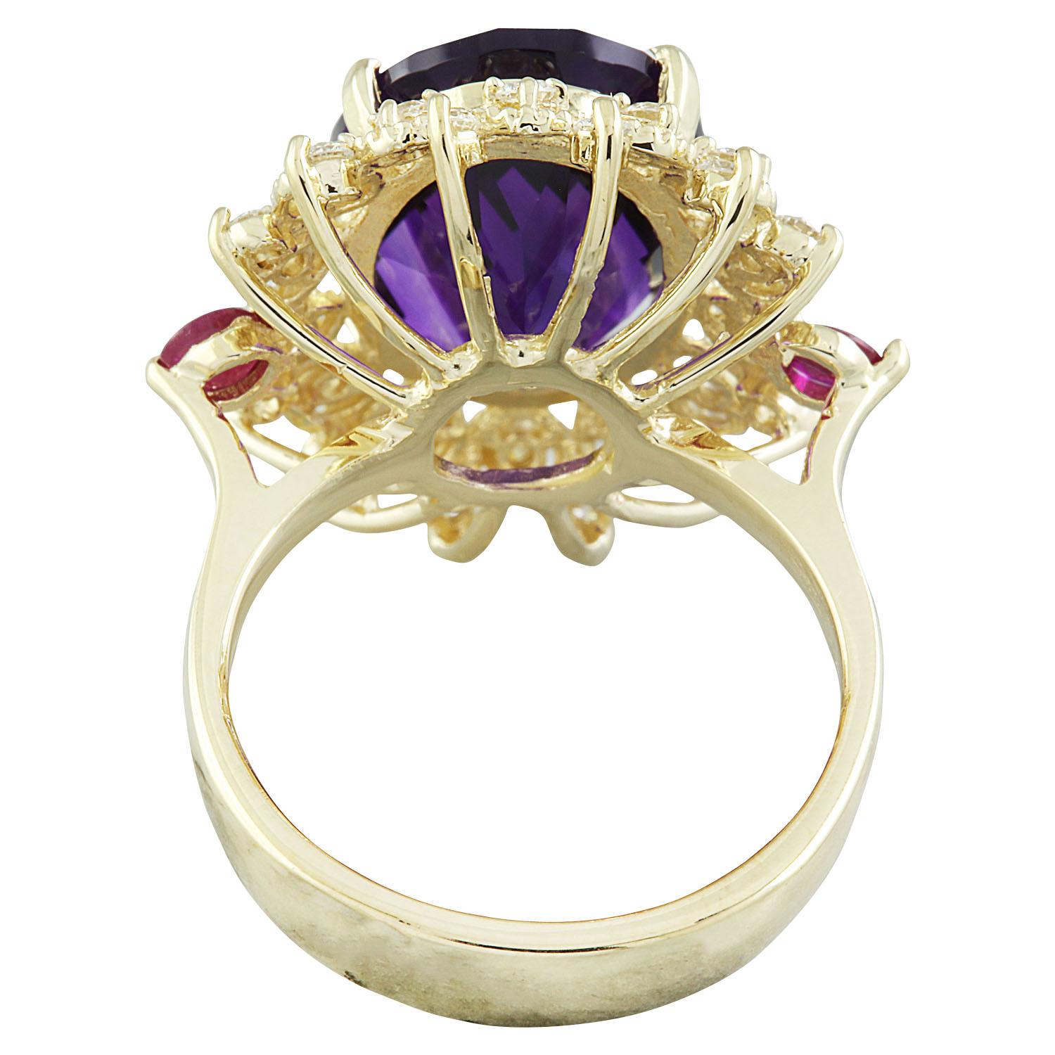 Women's Natural Amethyst and Ruby Diamond Ring in 14 Karat Solid Yellow Gold  For Sale