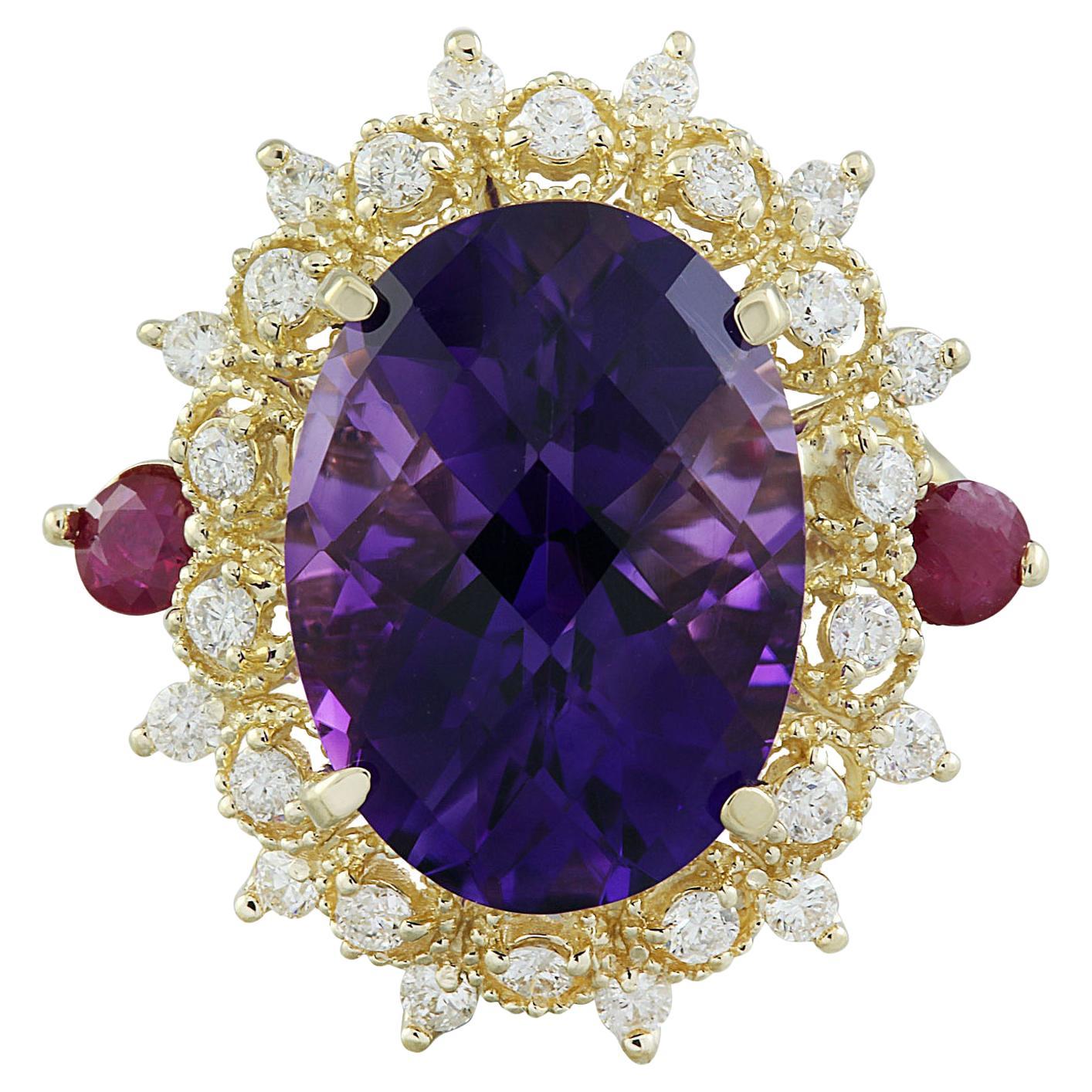 Natural Amethyst and Ruby Diamond Ring in 14 Karat Solid Yellow Gold  For Sale