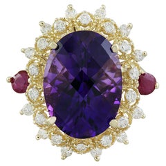 Natural Amethyst and Ruby Diamond Ring in 14 Karat Solid Yellow Gold 