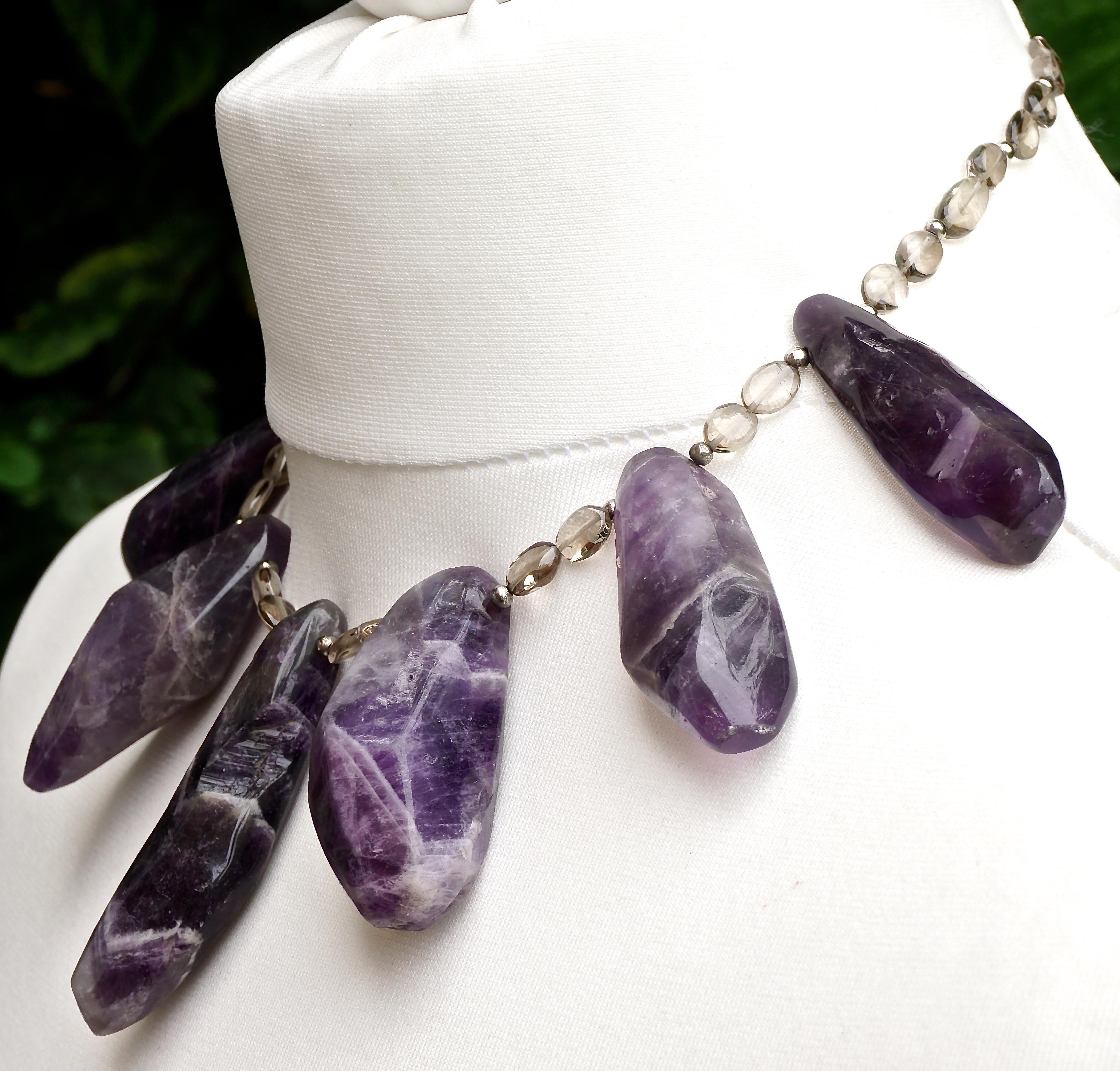 Rough Cut Natural Amethyst and Silver Necklace with Clear Glass Stones For Sale