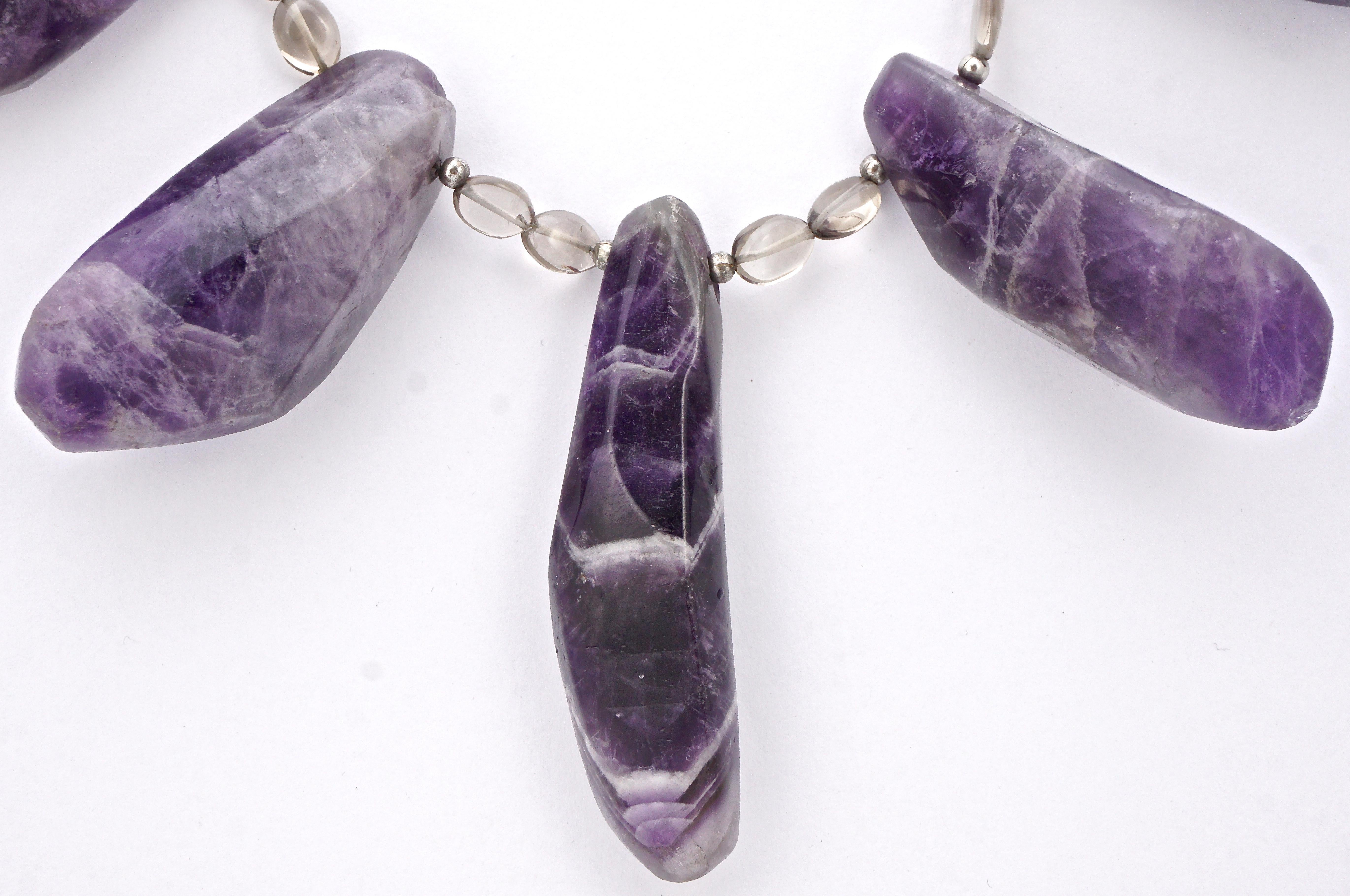 Natural Amethyst and Silver Necklace with Clear Glass Stones In Good Condition For Sale In London, GB
