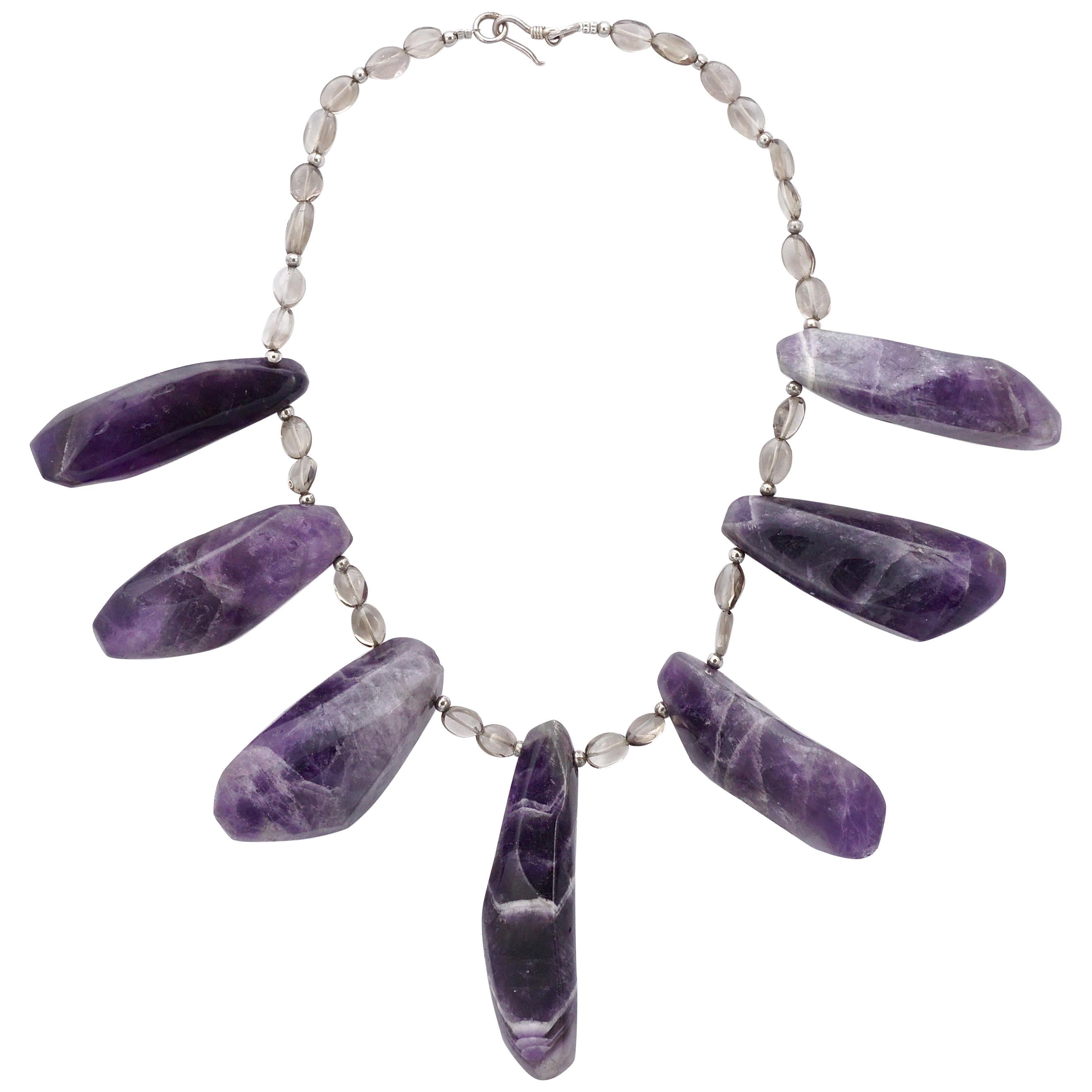 Natural Amethyst and Silver Necklace with Clear Glass Stones For Sale