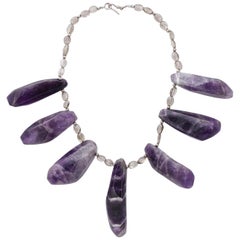 Retro Natural Amethyst and Silver Necklace with Clear Glass Stones
