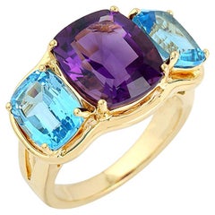 Natural Amethyst & Blue Topaz Three Stone Ring Total 11 Carats 18k Yellow Gold